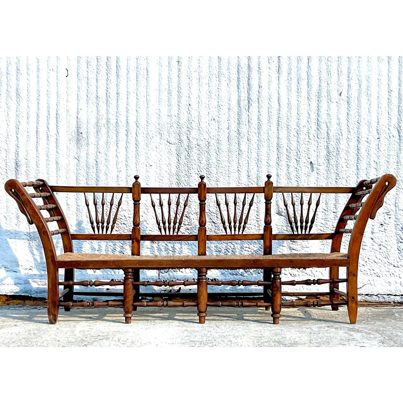 Vintage Rustic Rush Seat Bench For Sale 3