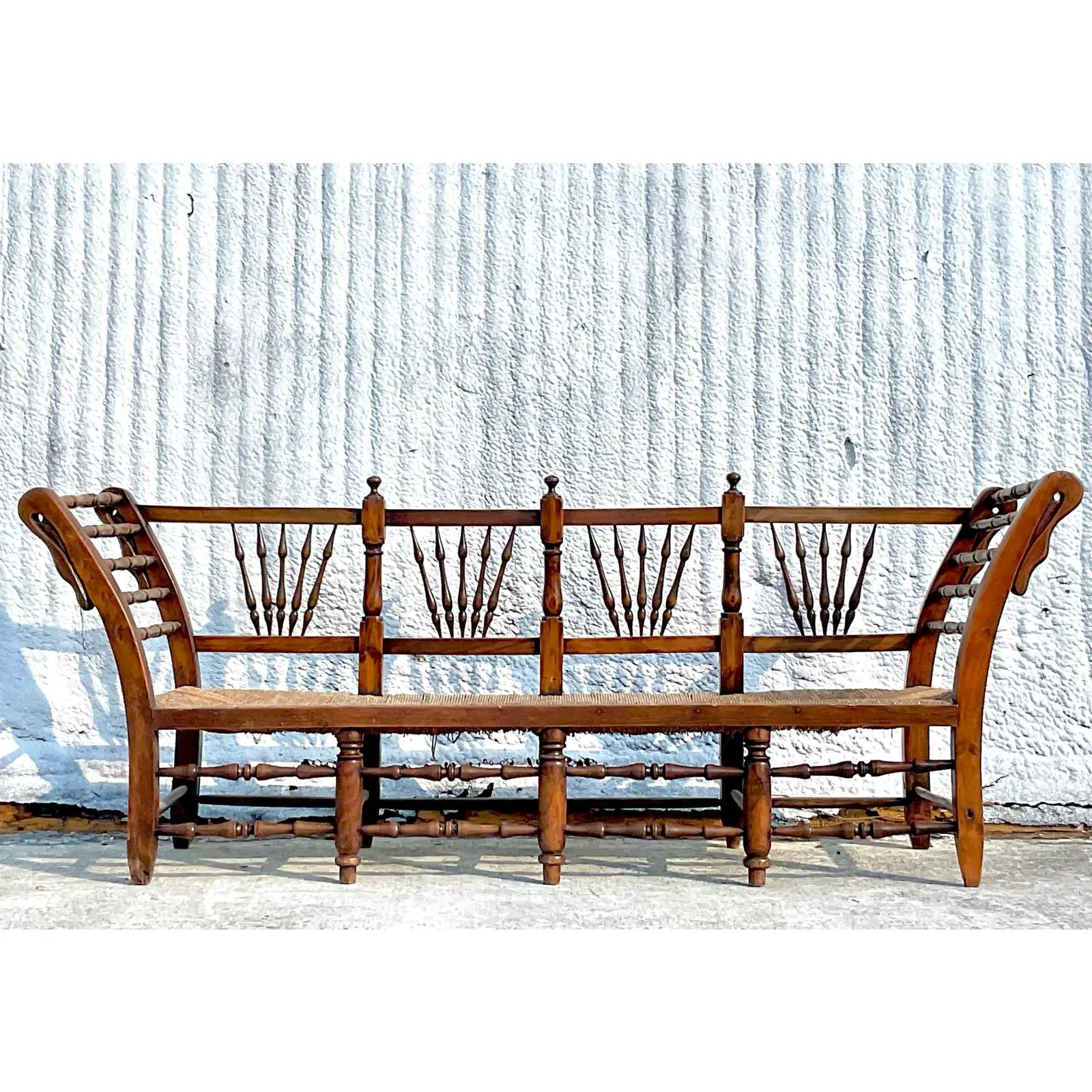 Vintage Rustic Rush Seat Bench For Sale 5