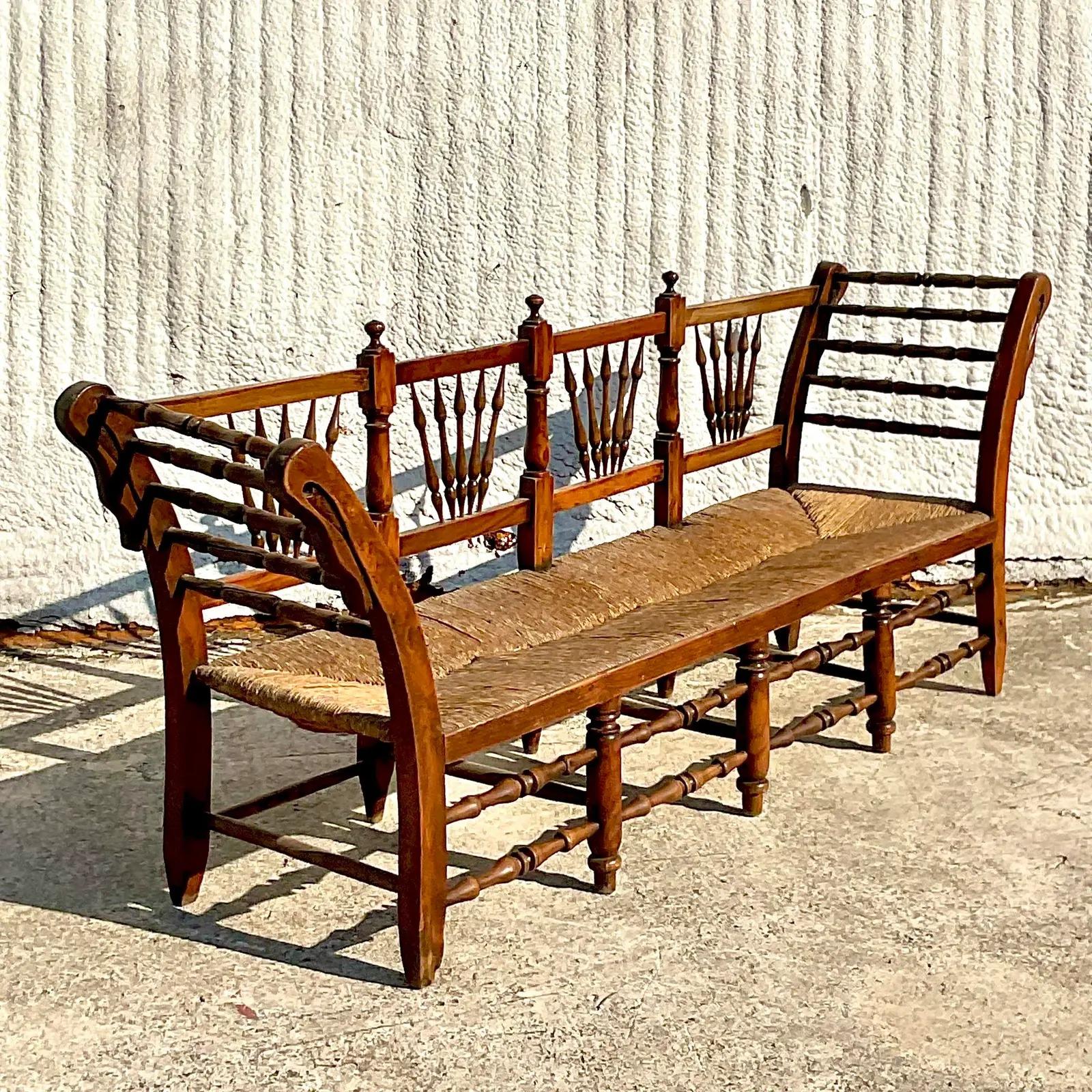 French Vintage Rustic Rush Seat Bench For Sale