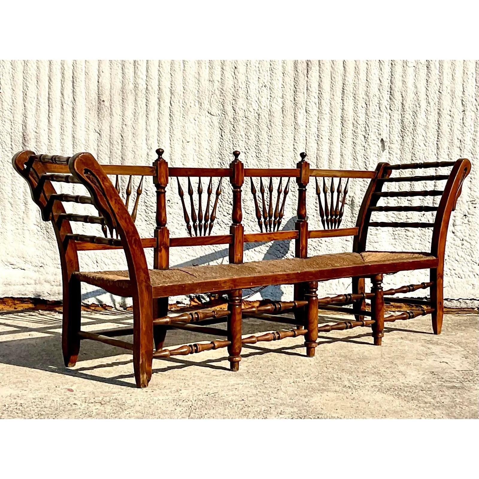 Vintage Rustic Rush Seat Bench In Good Condition For Sale In west palm beach, FL