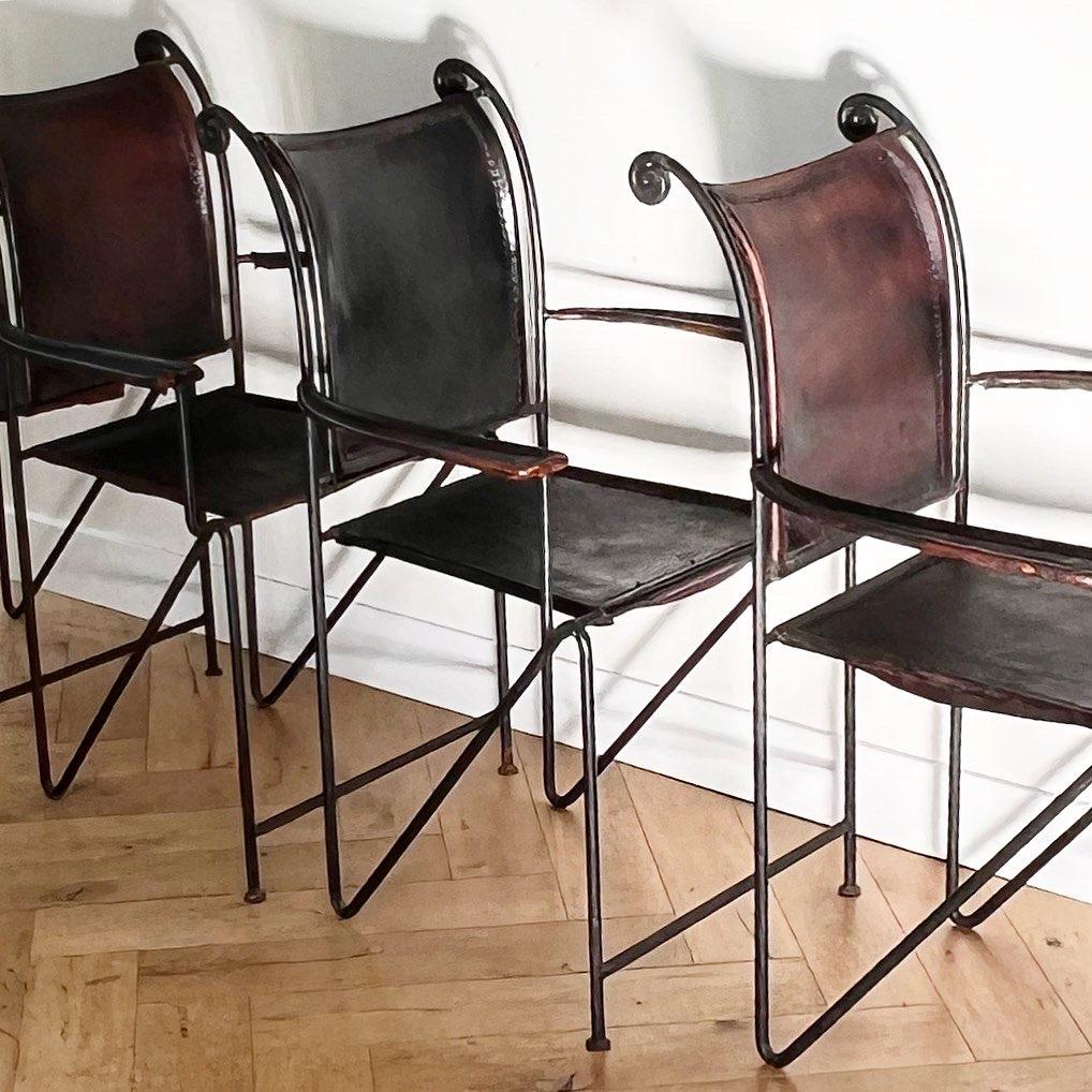 Mexican Vintage rustic Spanish gothic leather and wrought iron chairs, 20th century 