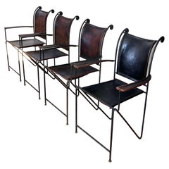 Vintage rustic Spanish gothic leather and wrought iron chairs, 20th century 