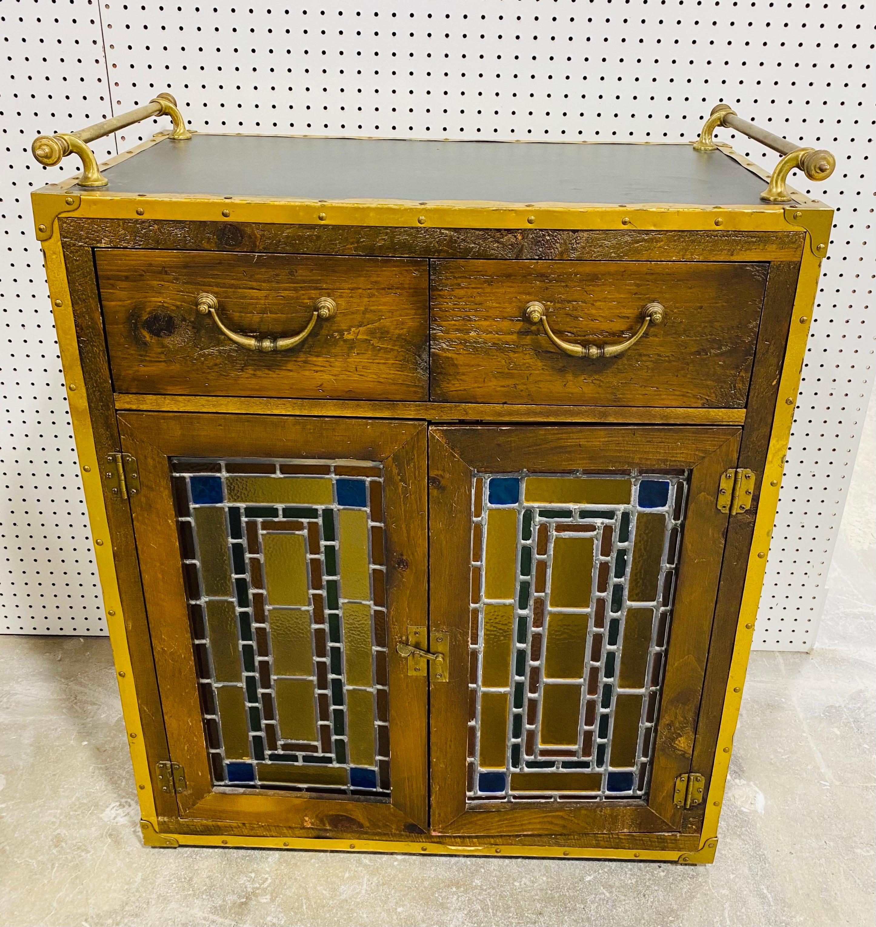 Vintage rustic stained glass two door cabinet by Habersham For Sale 3