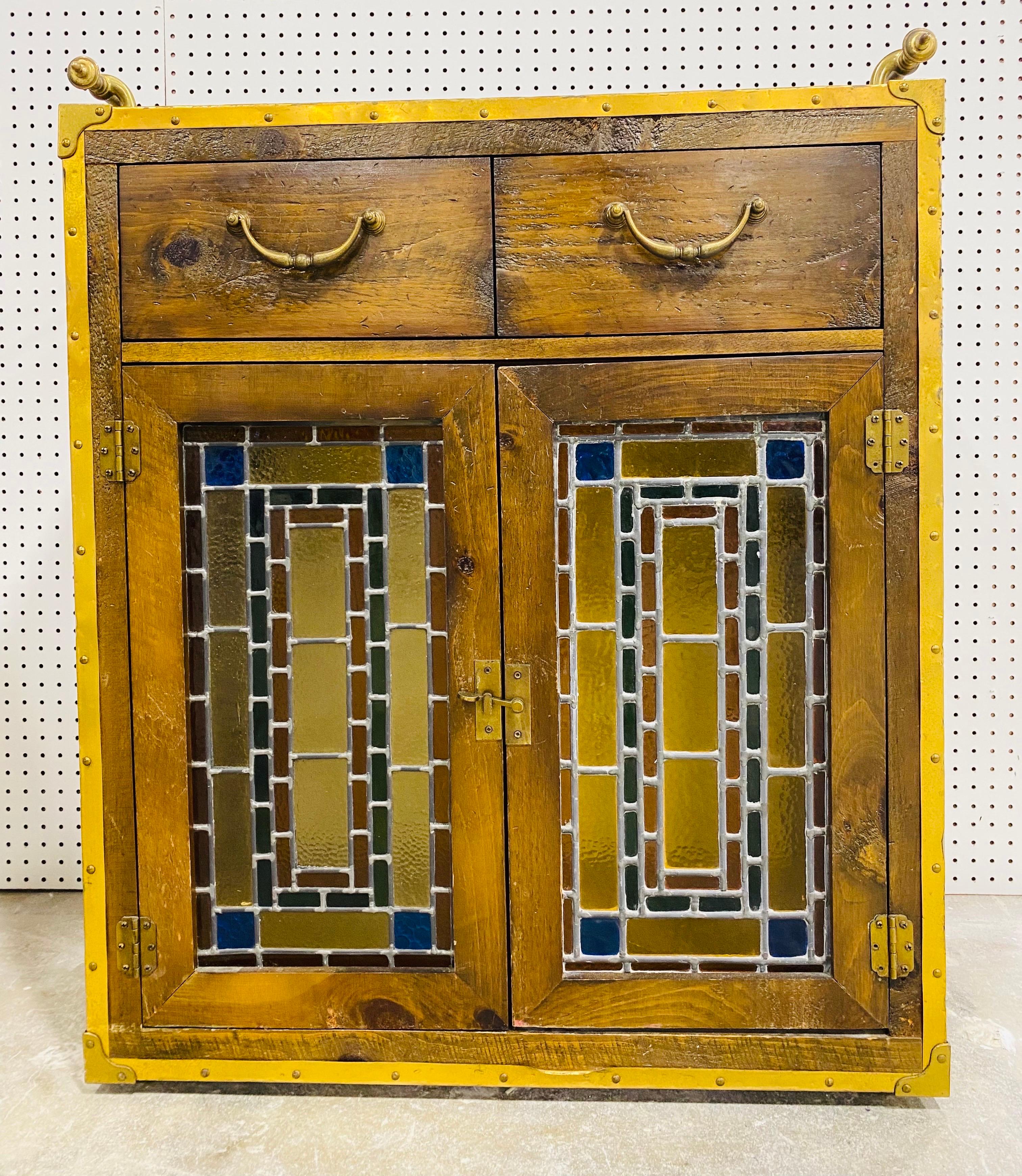 Vintage rustic stained glass two door cabinet by Habersham In Good Condition For Sale In Allentown, PA