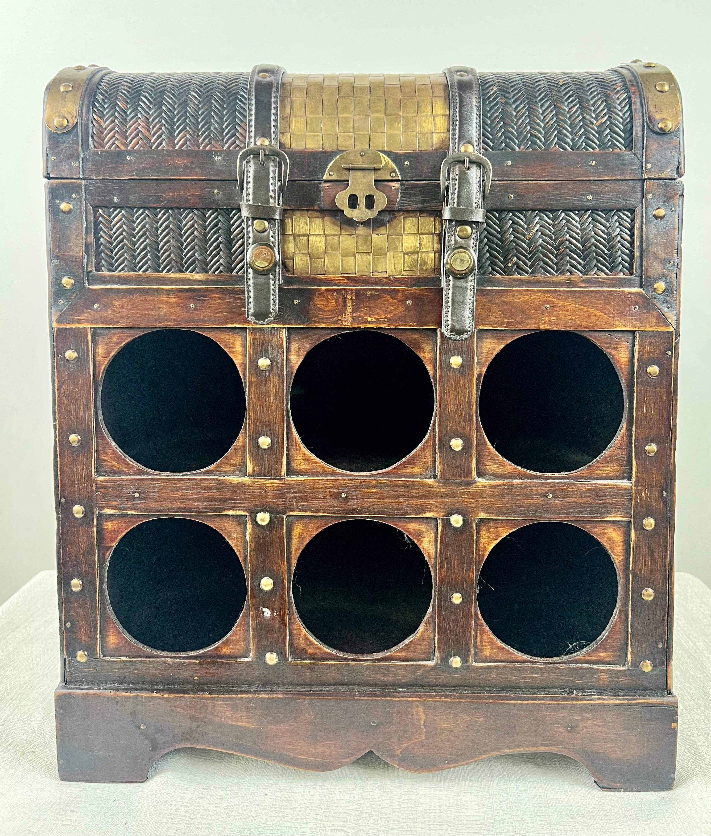 20th Century Vintage Rustic Style Treasure Chest Rattan & Wood Portable Wine Rack For Sale
