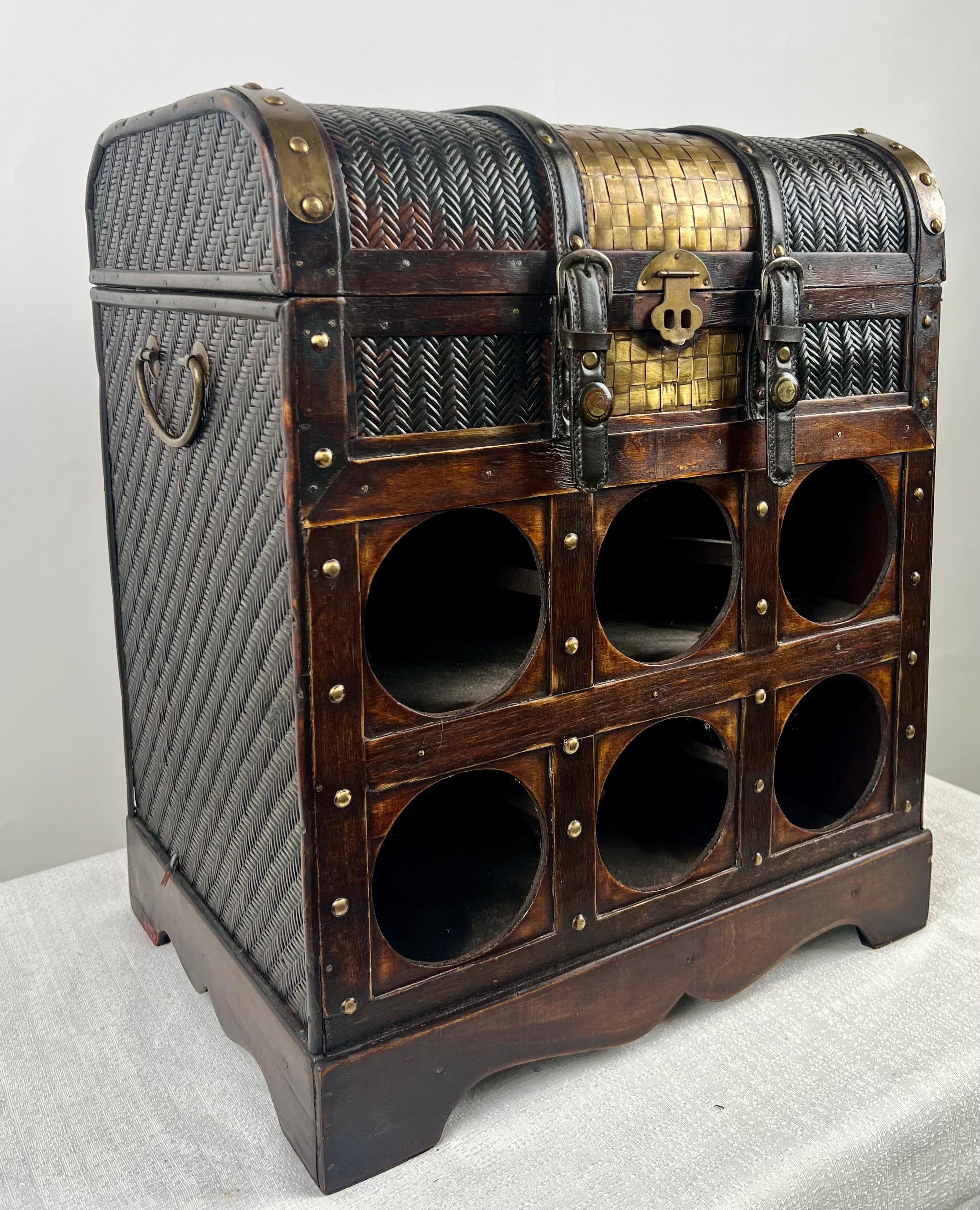 Vintage Rustic Style Treasure Chest Rattan & Wood Portable Wine Rack For Sale 1