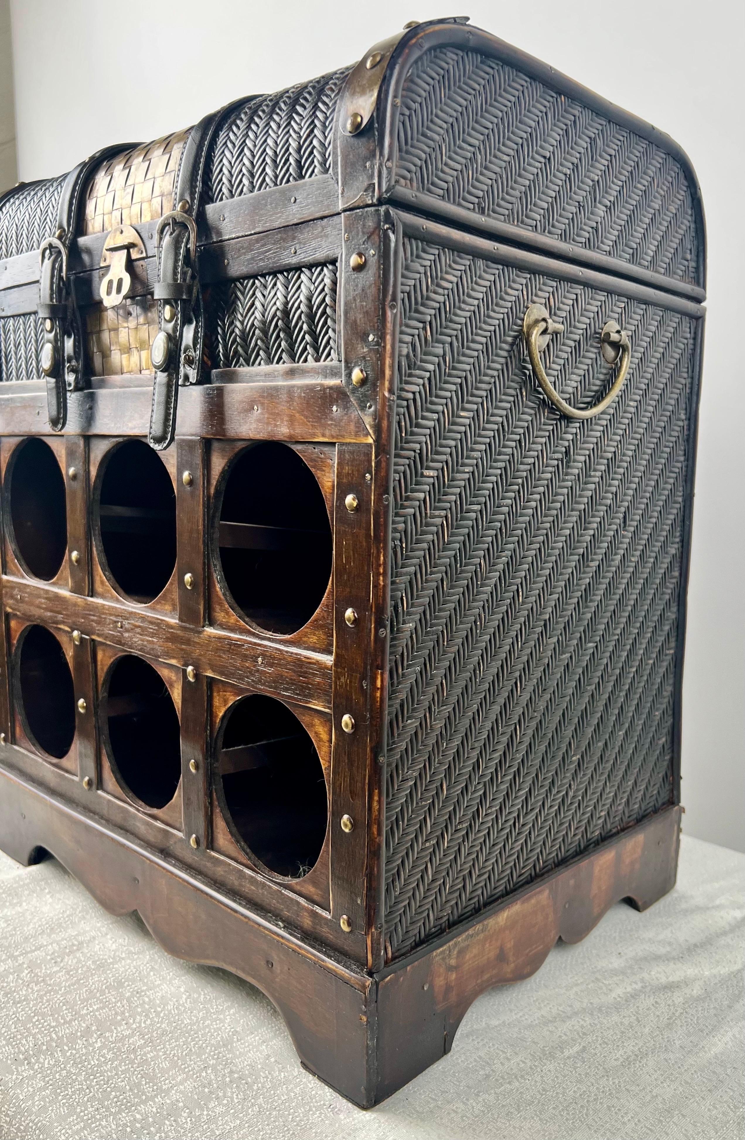 Vintage Rustic Style Treasure Chest Rattan & Wood Portable Wine Rack For Sale 4