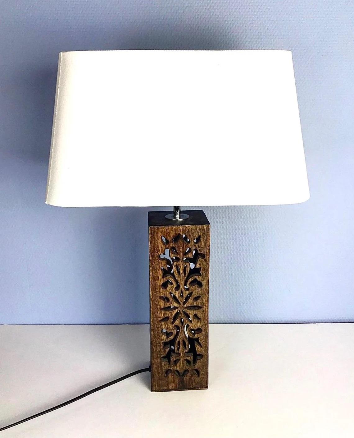 - Rustic wooden table lamp with shade
- Made in France
- Circa 2000s

Size:
Height - 22.4 inch (57 cm)
Width - 17.3 inch (44 cm)
Depth - 11 inch (28 cm).