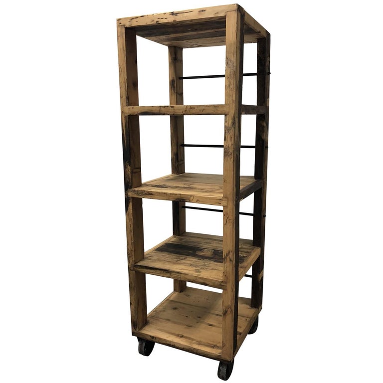 Vintage Rustic Tower Shelf and Wheels For Sale at 1stDibs