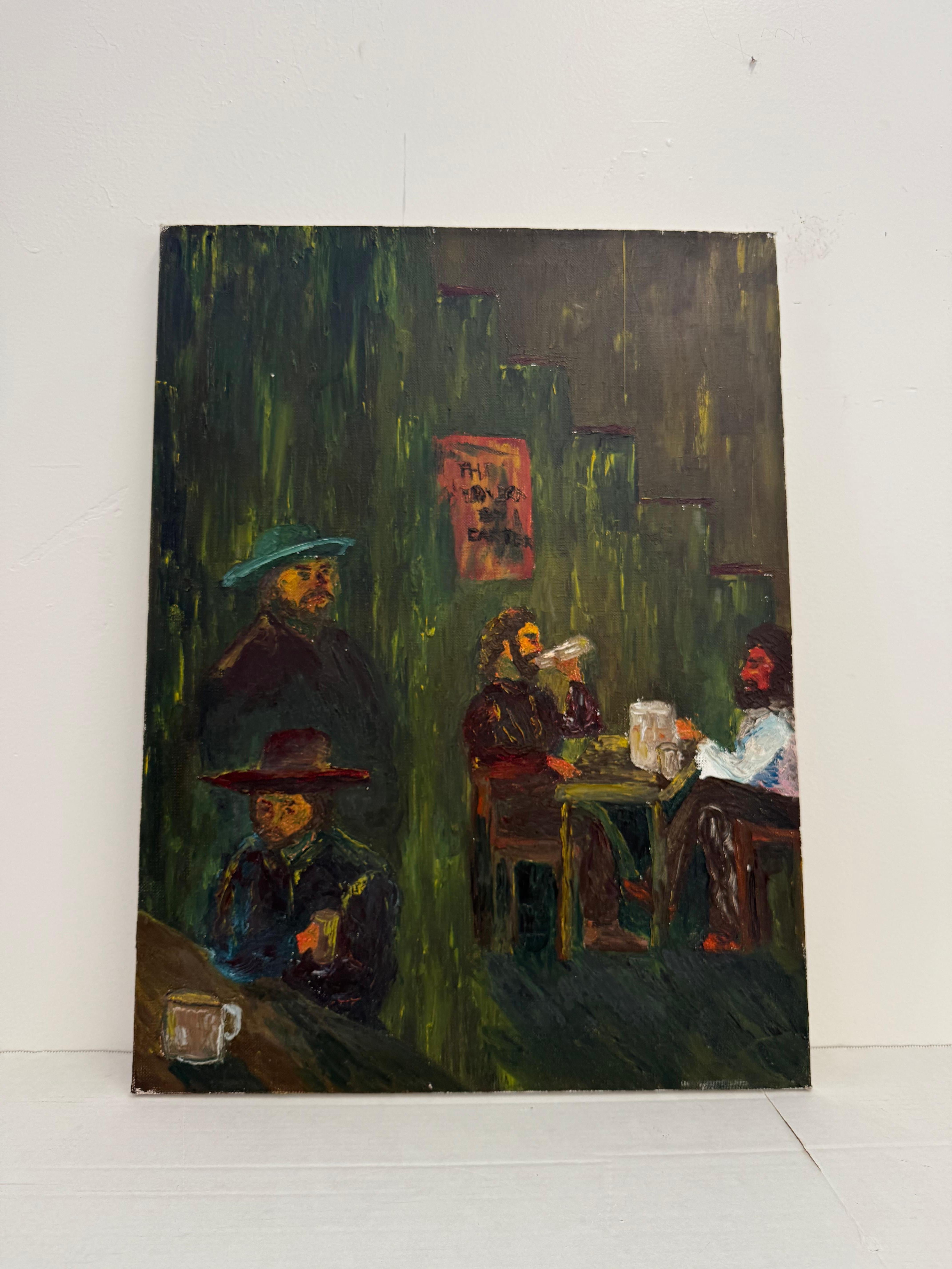 Treten Sie mit diesem Original-Ölgemälde auf Leinwand in eine stimmungsvolle Taverne ein. Inspiriert von der Saloon-Kultur des Westens, zeigt dieses Werk eine schwach beleuchtete Bar, in der raue Gäste in Einsamkeit ihre Drinks genießen. Mit seiner