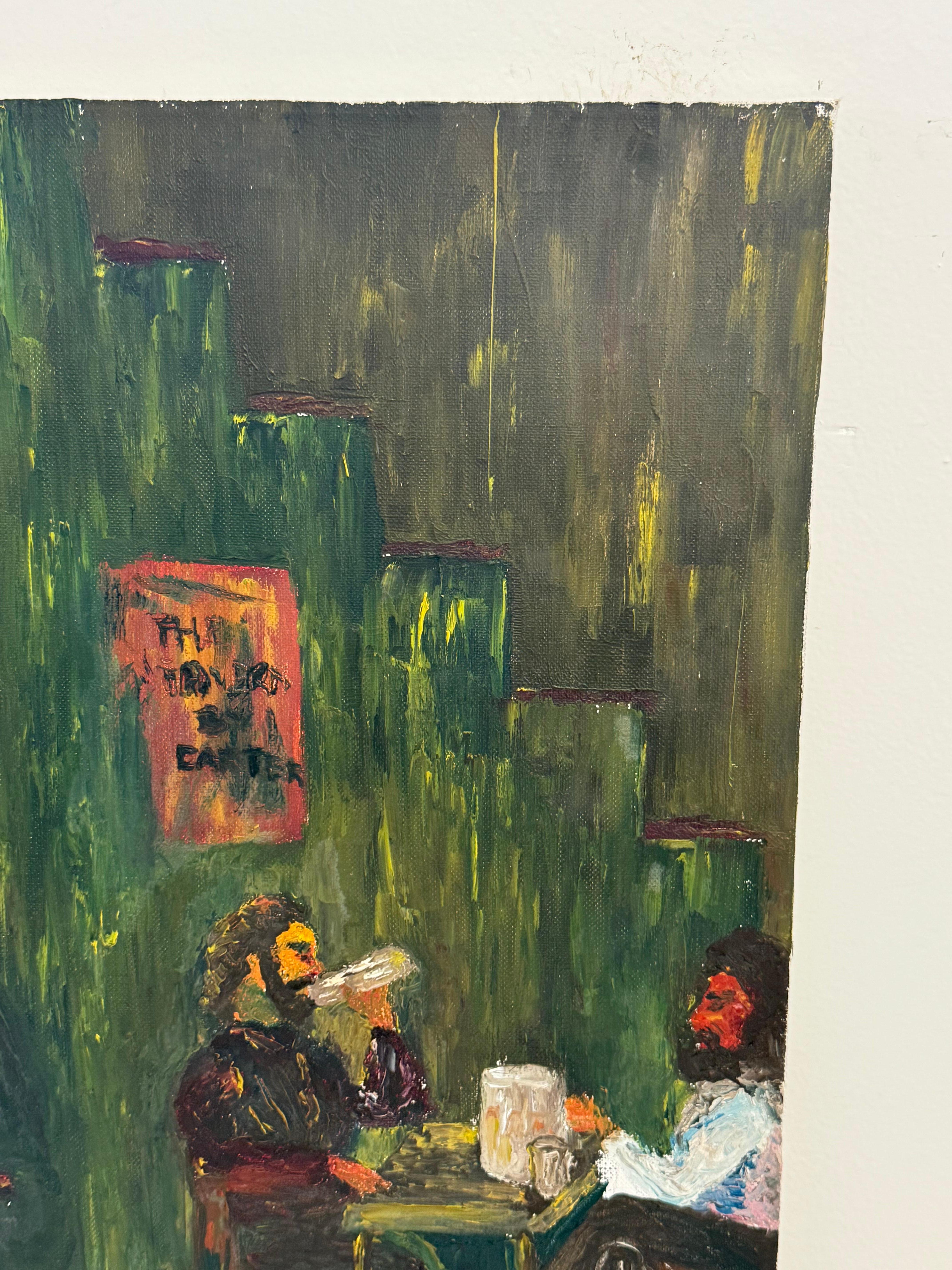 Rustikale Western Tavern-Abstrakte Szene – Original-Kunstgemälde auf Leinwand, Vintage im Angebot 2