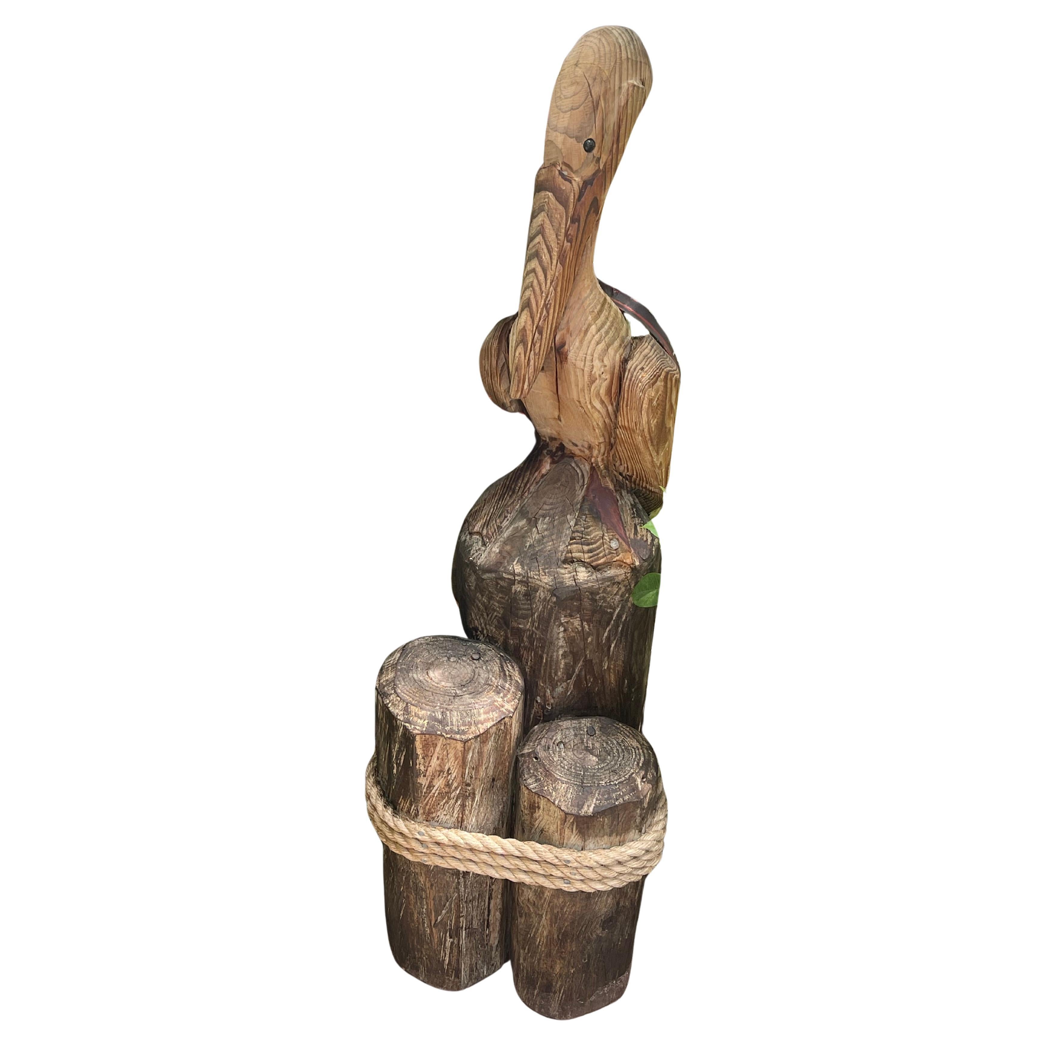 Vintage Rustic  Wood Pelican Sculpture Coastal Marine Decor