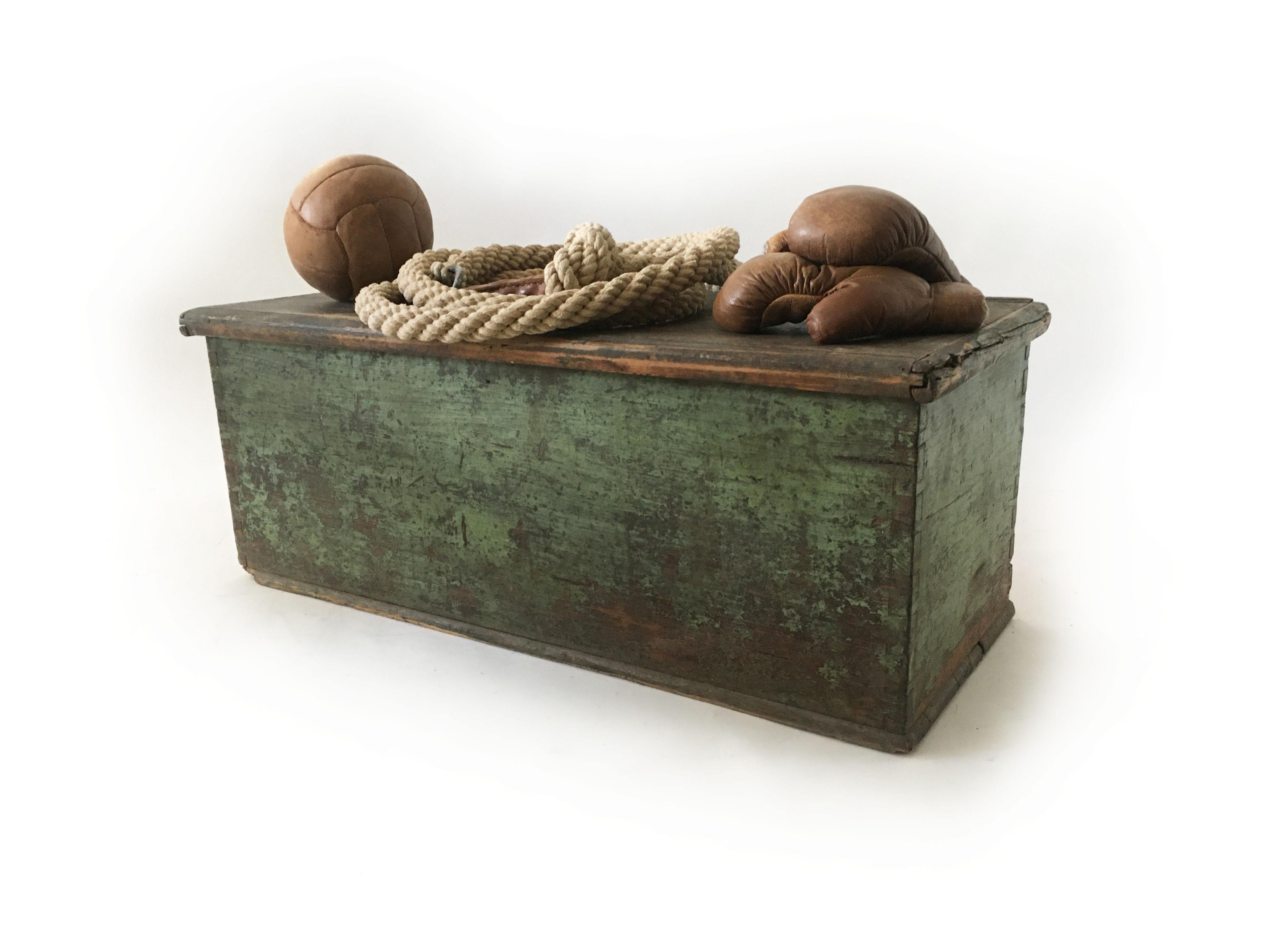 Vintage Rustic Wood Trunk, Gym Vignette Curated Style Statement, Austria, 1930s For Sale 6