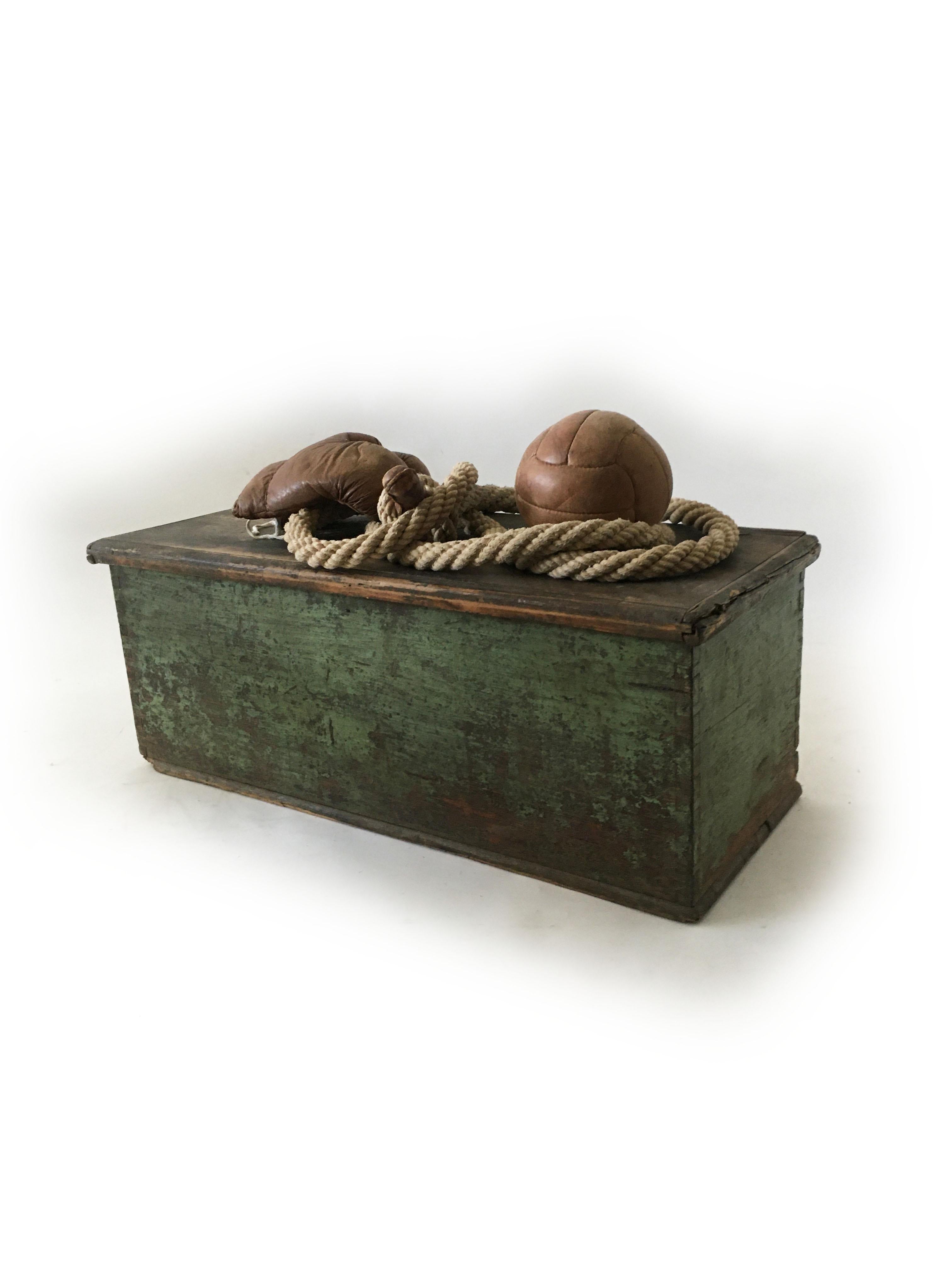 Austrian Vintage Rustic Wood Trunk, Gym Vignette Curated Style Statement, Austria, 1930s For Sale