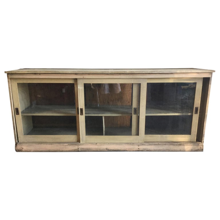 Rustic Wooden Sideboard Credenza with Sliding Glass Doors at 1stDibs