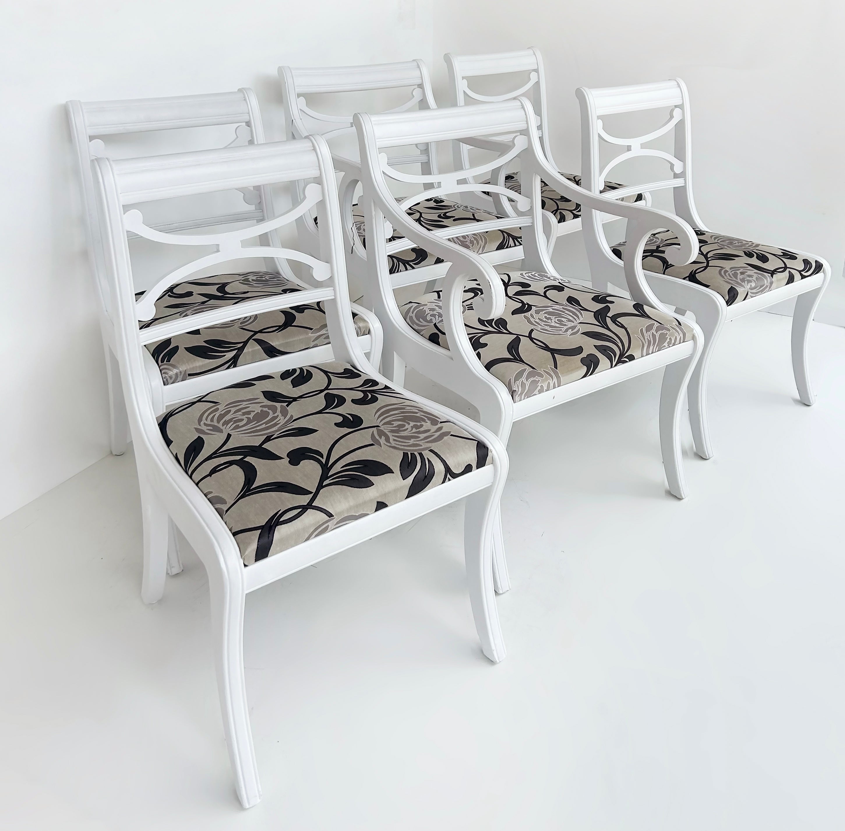 Vintage RWAY Furniture Company Painted Dining Chairs Set of 6

Offered for sale is a set of 6 RWAY Furniture dining chairs that were acquired with a companion Dunkin-Phyfe style dining table. The set has been painted white and the chairs are being