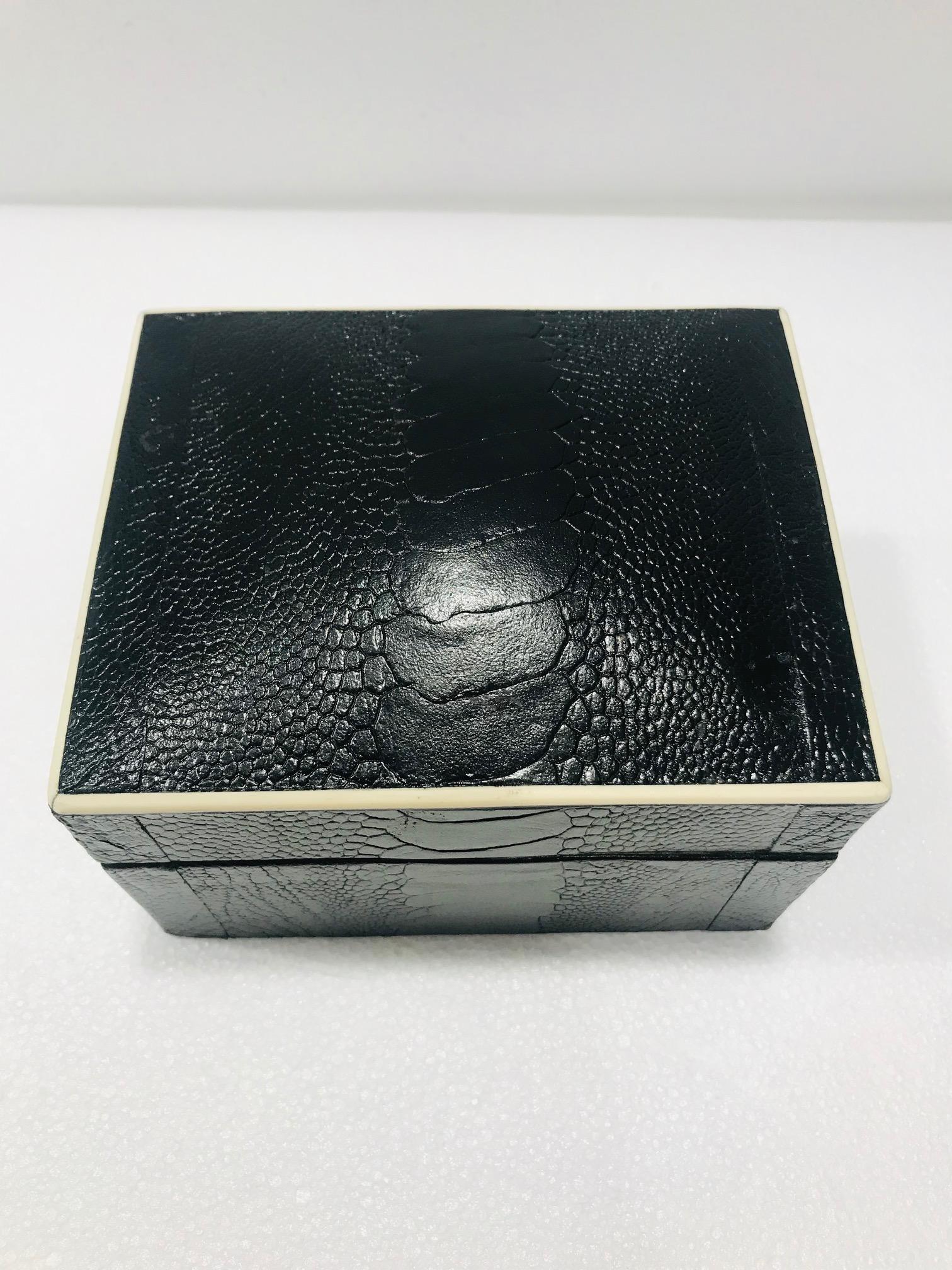Organic Modern Vintage R&Y Augousti Decorative Box in Black Ostrich Leather and Bone circa 2000