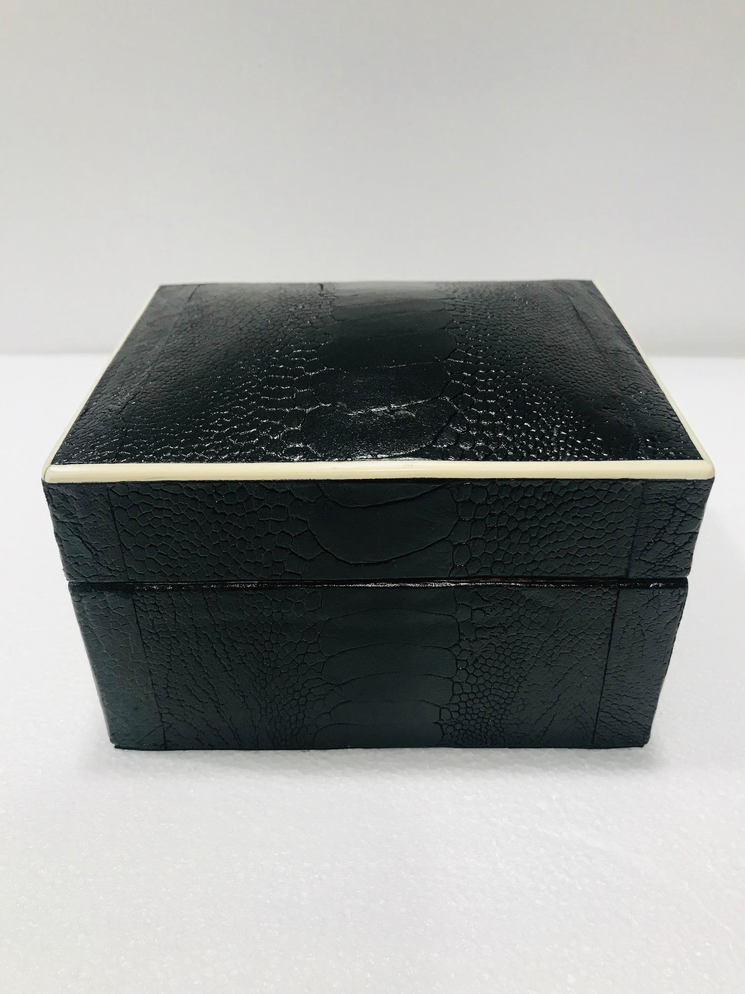 French Vintage R&Y Augousti Decorative Box in Black Ostrich Leather and Bone circa 2000