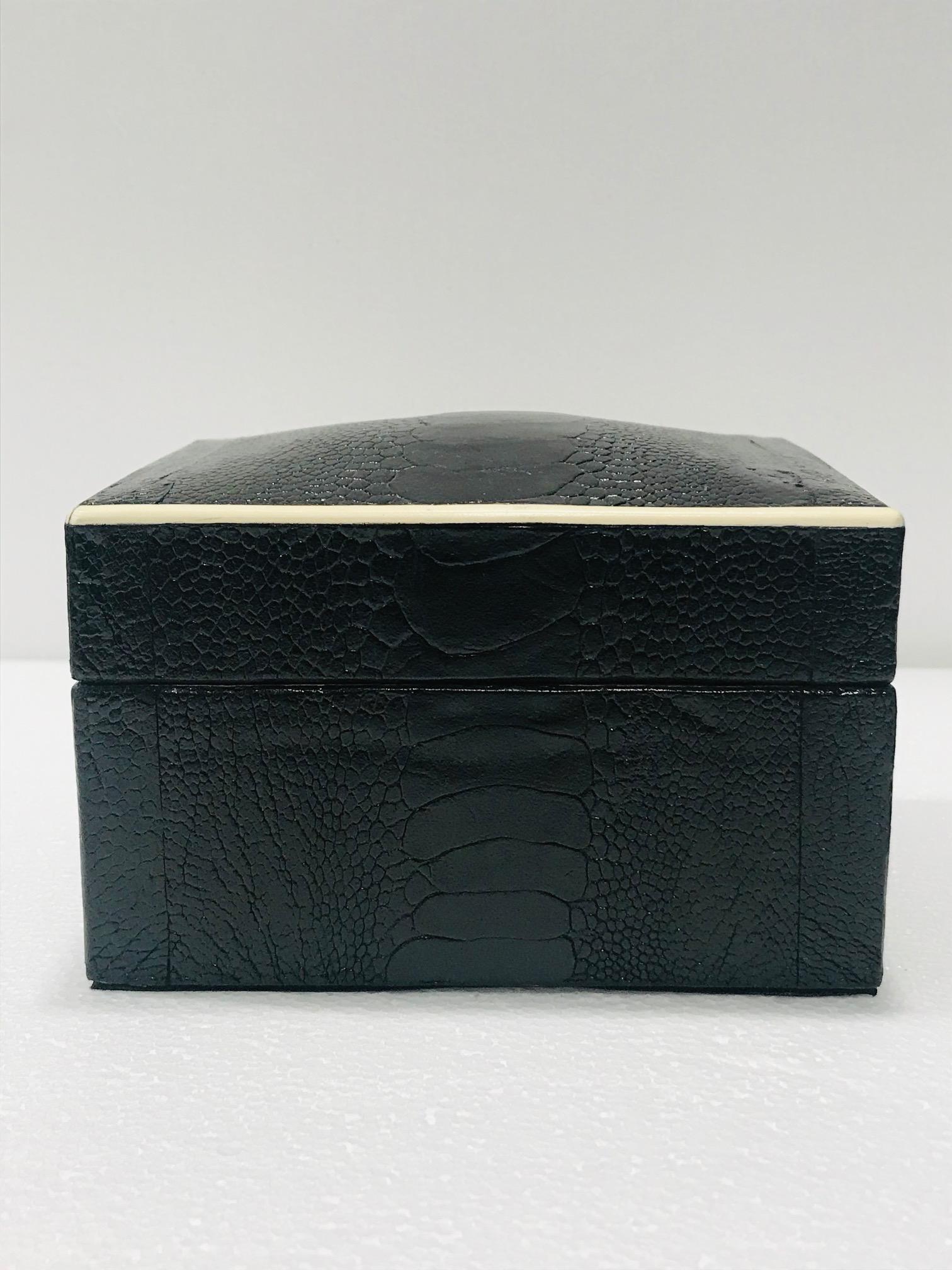 Vintage R&Y Augousti Decorative Box in Black Ostrich Leather and Bone circa 2000 In Excellent Condition In Fort Lauderdale, FL