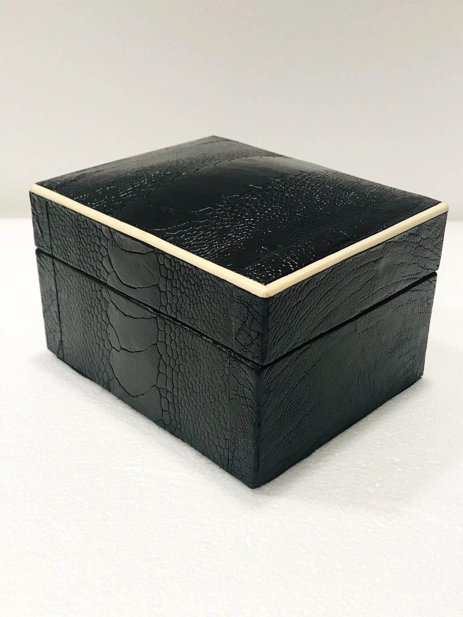Vintage R&Y Augousti Decorative Box in Black Ostrich Leather and Bone circa 2000 1