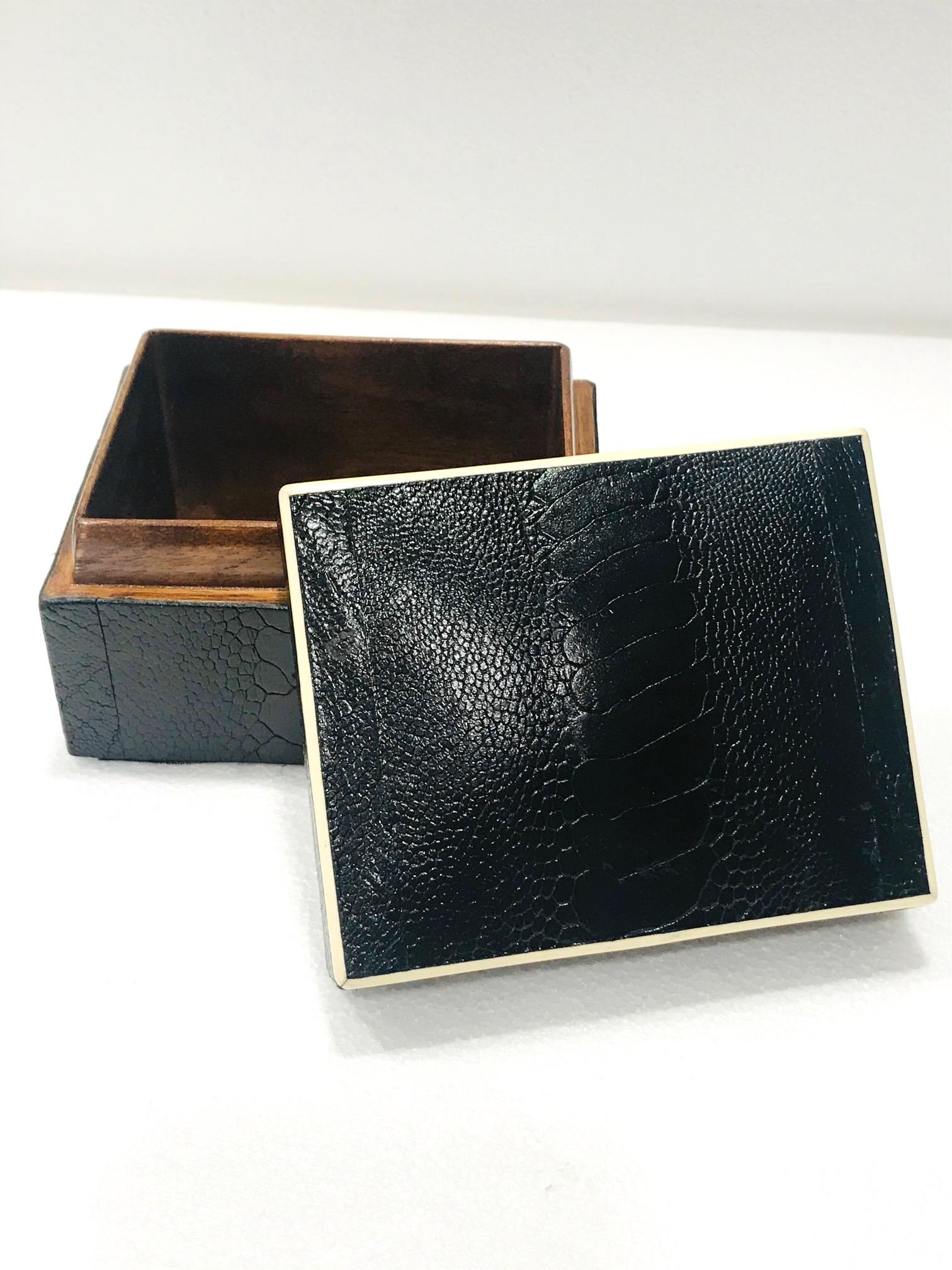 Vintage R&Y Augousti Decorative Box in Black Ostrich Leather and Bone circa 2000 2