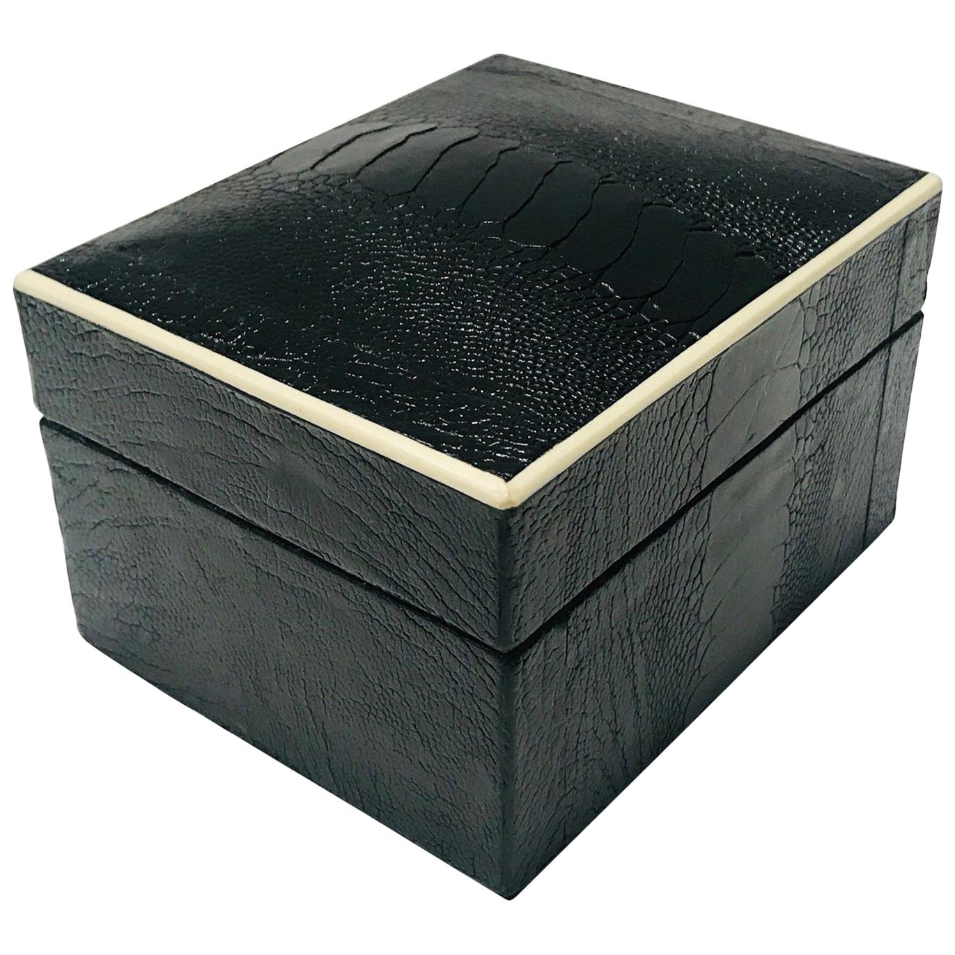 Vintage R&Y Augousti Decorative Box in Black Ostrich Leather and Bone circa 2000