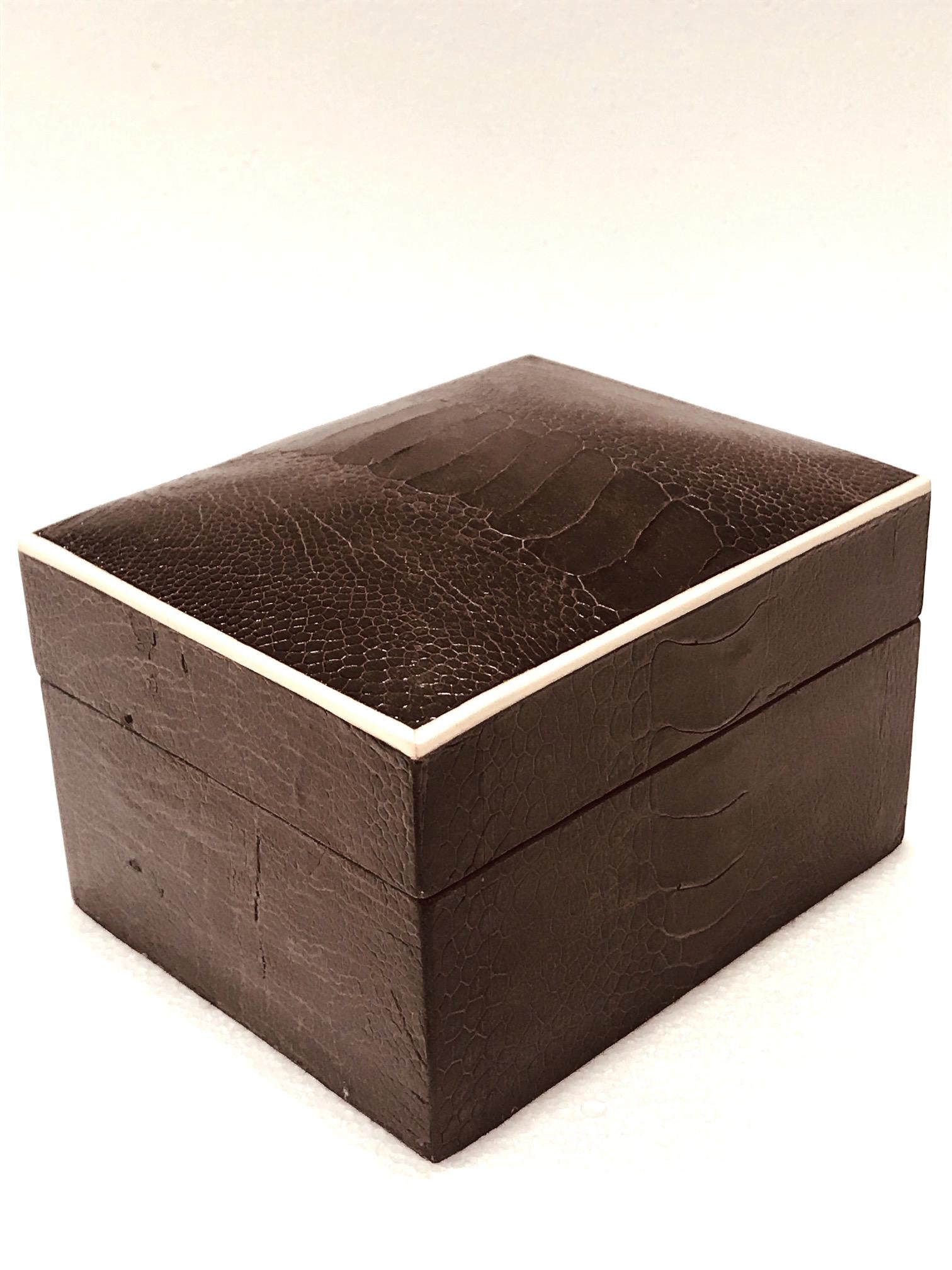 Organic modern decorative box wrapped in exotic ostrich leather with bone inlay detail. All handcrafted in hand-dyed brown espresso leather wrapped wood with a palmwood interior. Great desk or coffee table accessory. Signed R&Y Augousti on the