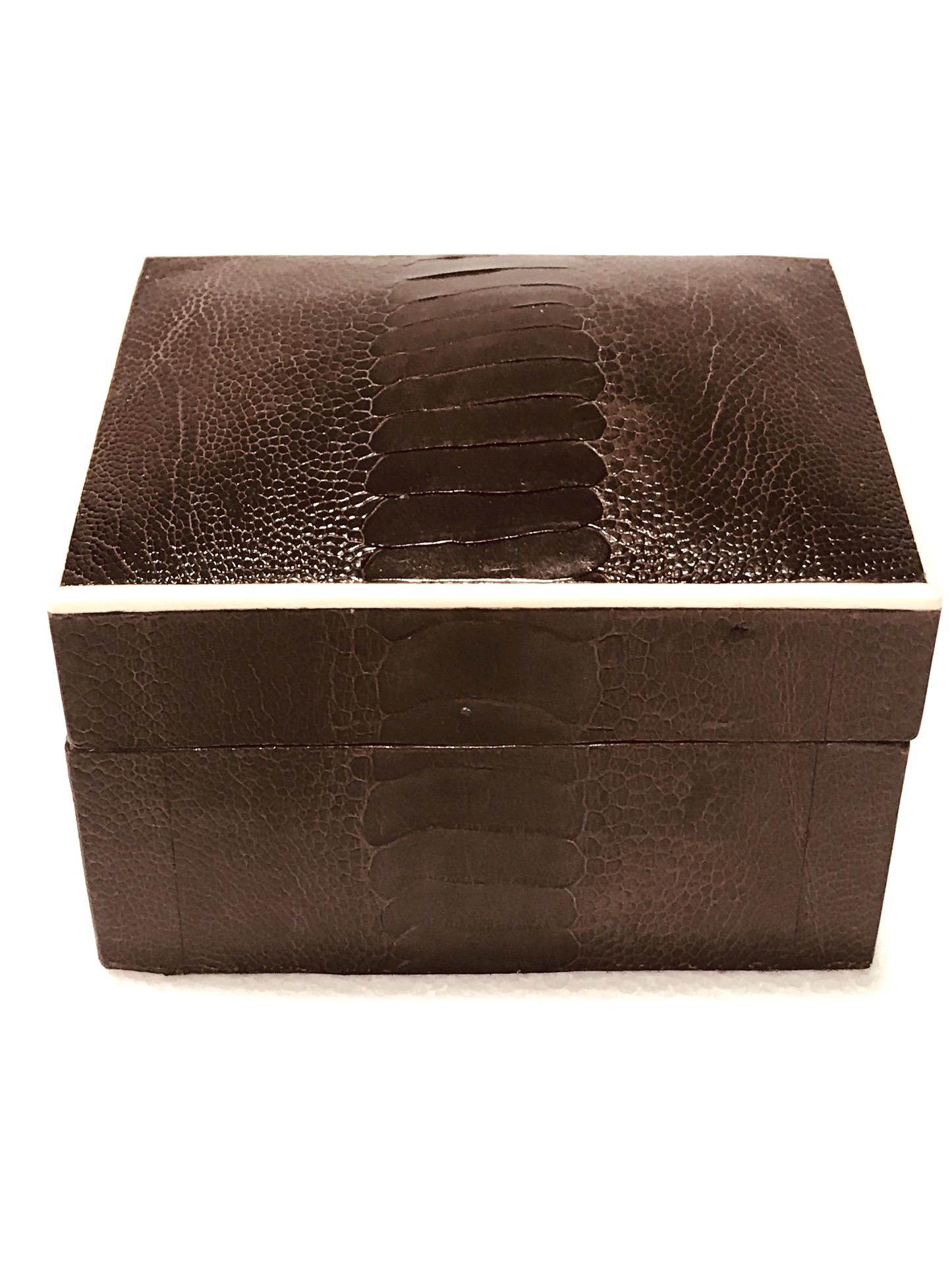 French Vintage R&Y Augousti Decorative Box in Brown Ostrich Leather and Bone, c. 2000