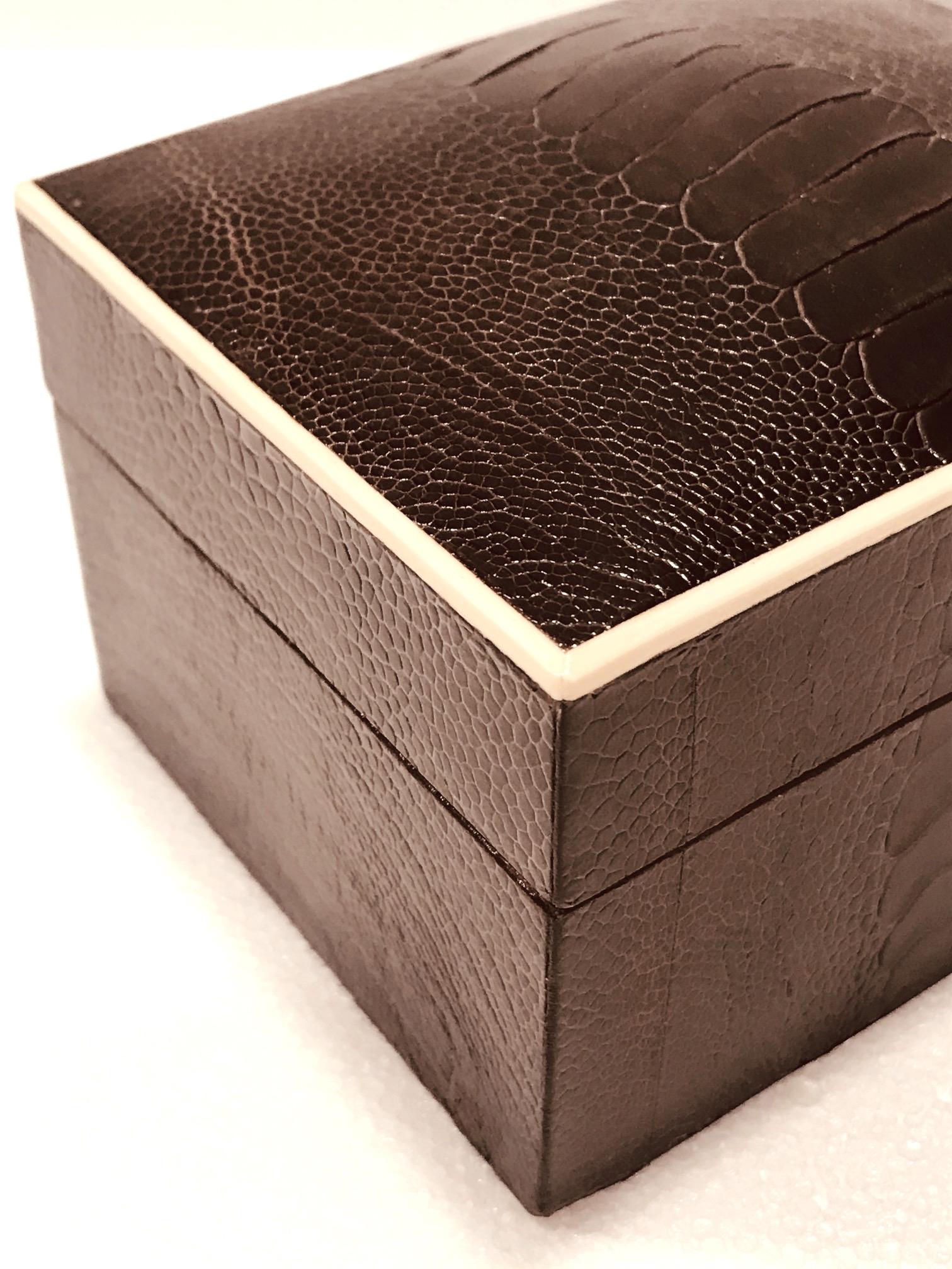 Contemporary Vintage R&Y Augousti Decorative Box in Brown Ostrich Leather and Bone, c. 2000