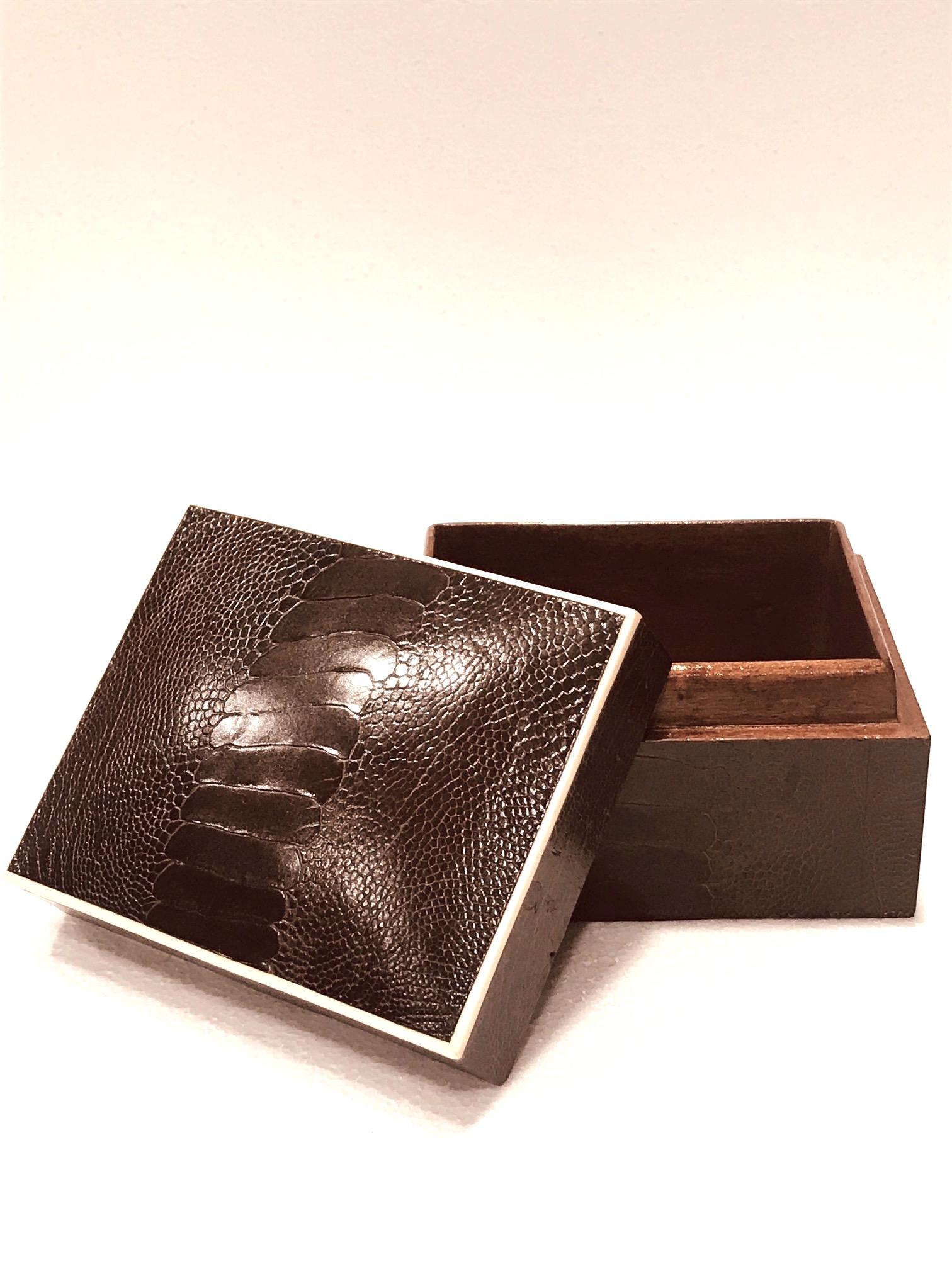 Palmwood Vintage R&Y Augousti Decorative Box in Brown Ostrich Leather and Bone, c. 2000