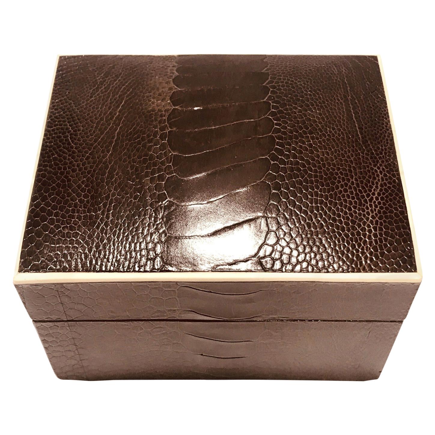 Vintage R&Y Augousti Decorative Box in Brown Ostrich Leather and Bone, c. 2000