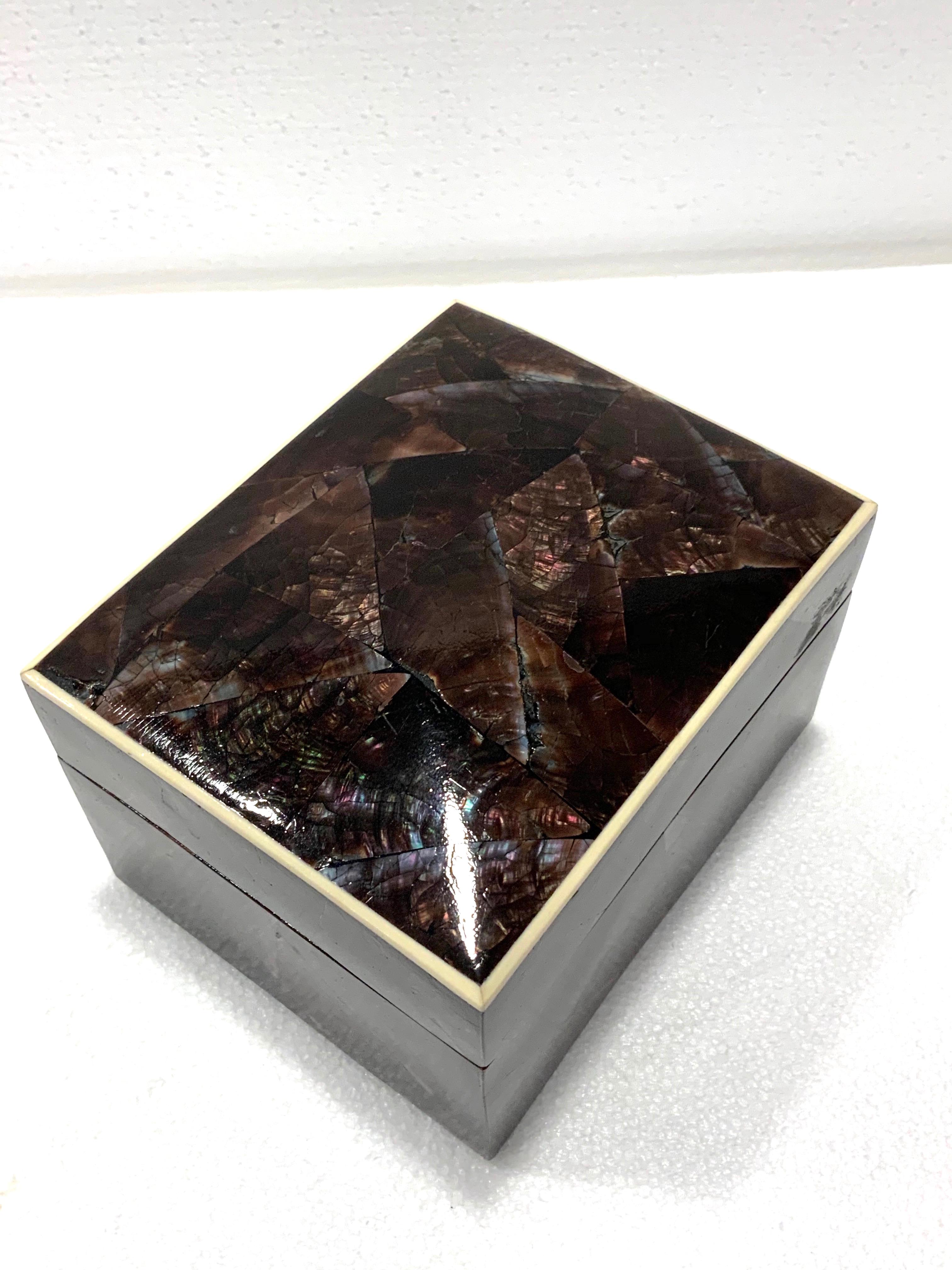 Organic modern decorative box or jewelry box comprised of natural pen shell. The geometric box features mosaic design in a luminous iridescent brown and sometimes purple pen shell over a palmwood frame. The lid features a contrasting exotic bone