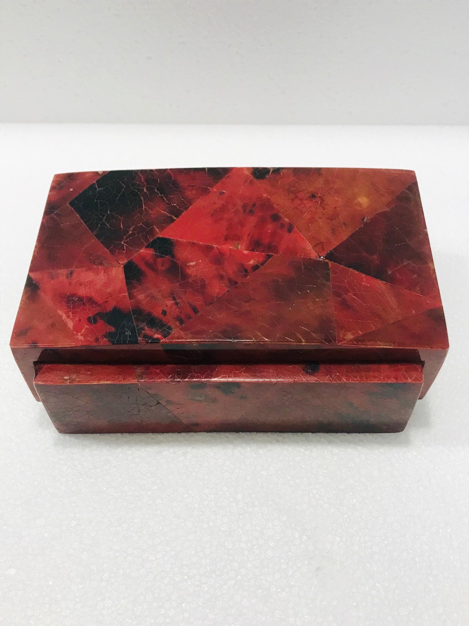 Hand-Crafted Vintage R&Y Augousti Decorative Box in Mosaic Red and Black Pen-Shell, c. 2000