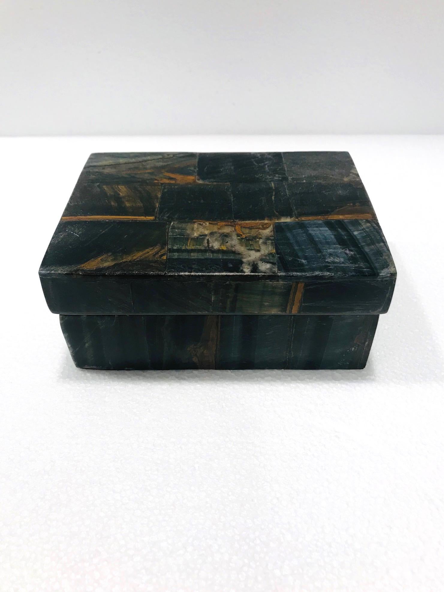 Organic Modern Vintage R&Y Augousti Decorative Box in Tessellated Tiger Eye Stone, circa 2005