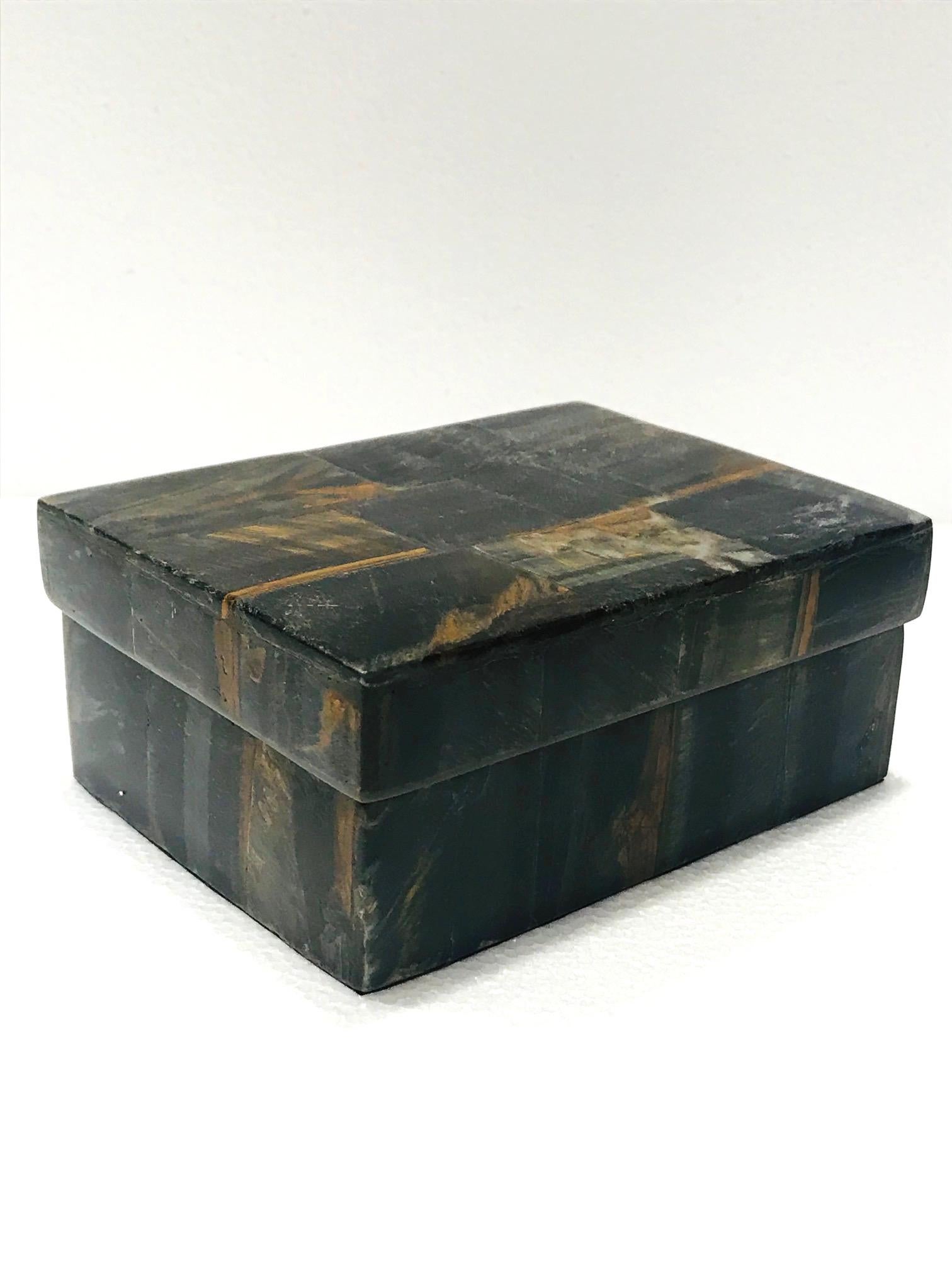 French Vintage R&Y Augousti Decorative Box in Tessellated Tiger Eye Stone, circa 2005