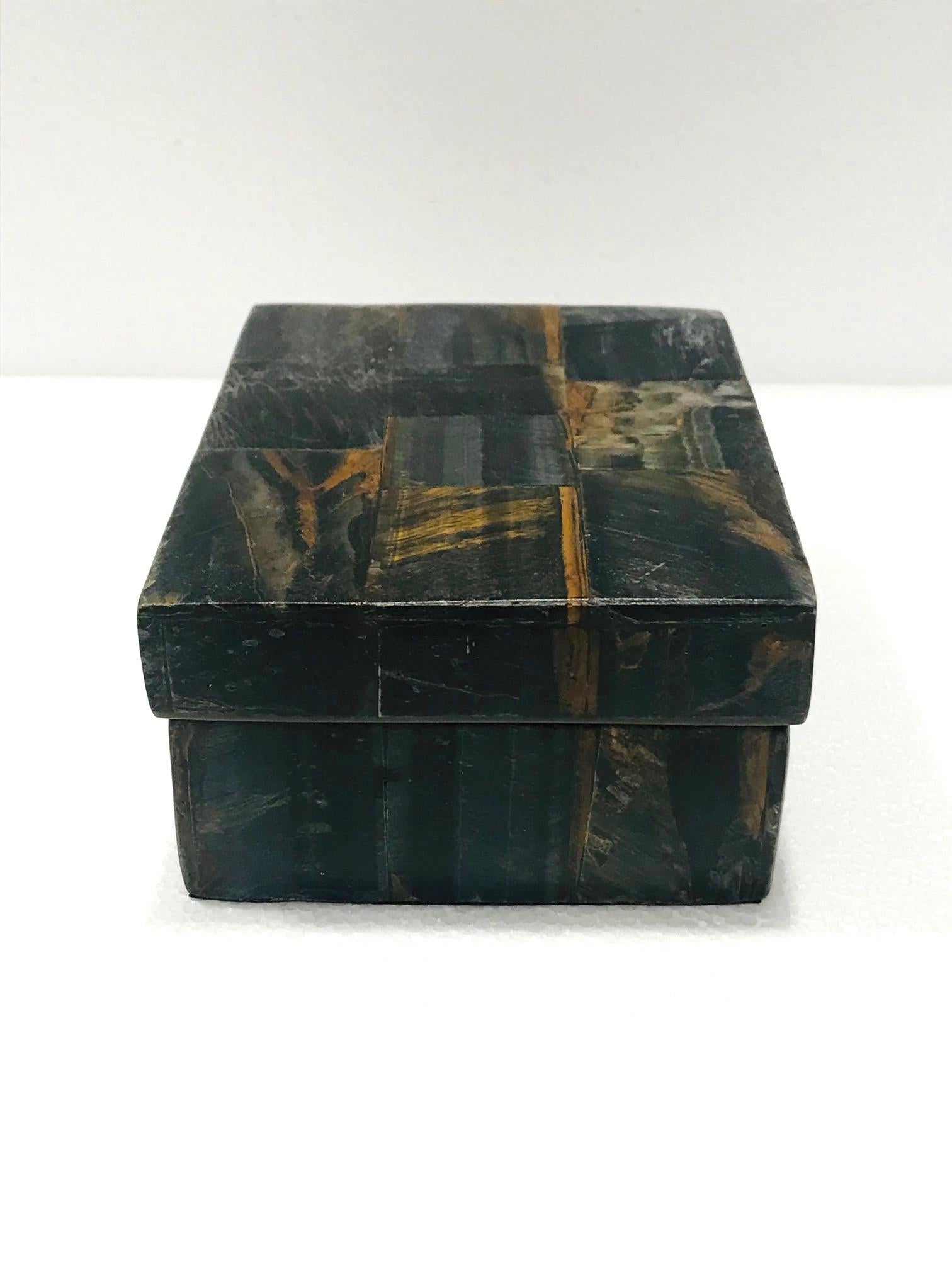 Hand-Crafted Vintage R&Y Augousti Decorative Box in Tessellated Tiger Eye Stone, circa 2005