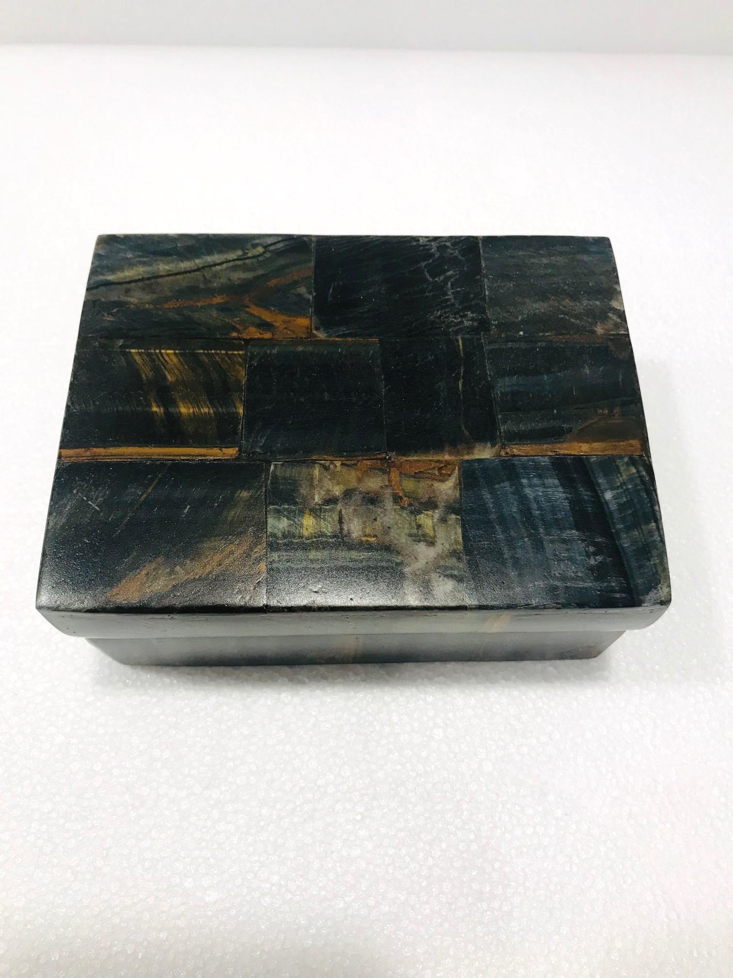 Vintage R&Y Augousti Decorative Box in Tessellated Tiger Eye Stone, circa 2005 1