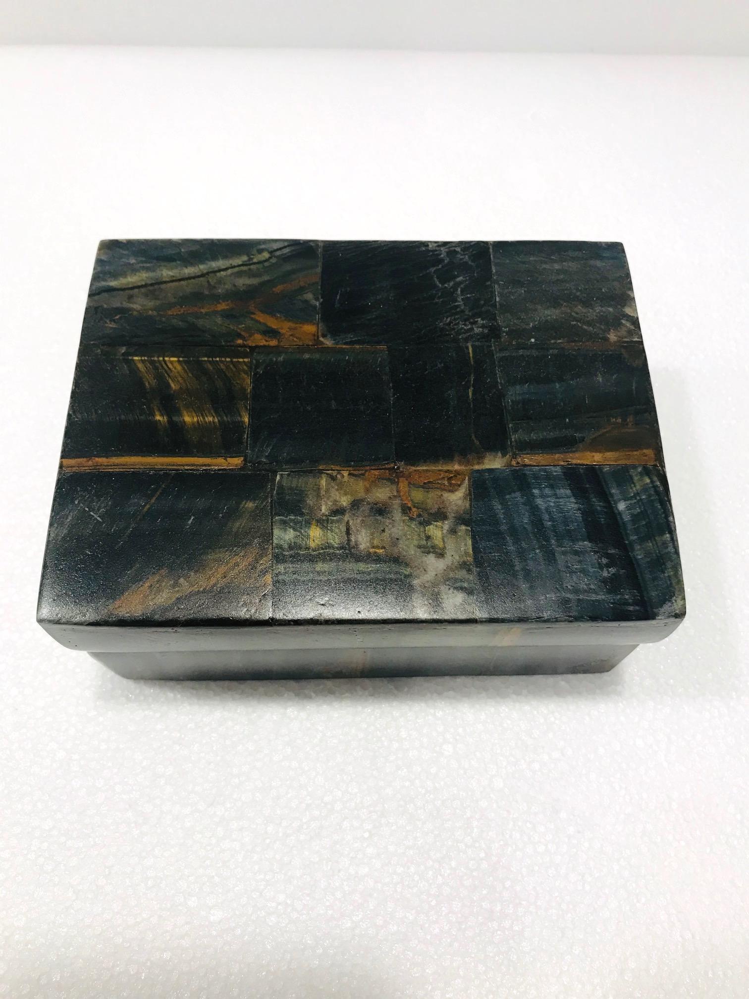Vintage R&Y Augousti Decorative Box Tessellated Tiger Eye Stone, circa 2005 1