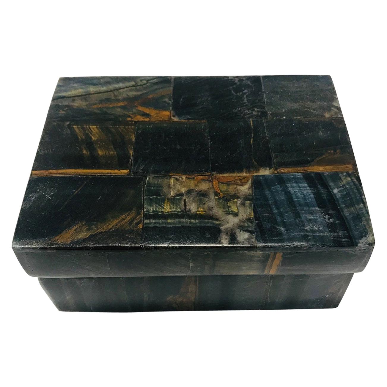 Vintage R&Y Augousti Decorative Box Tessellated Tiger Eye Stone, circa 2005
