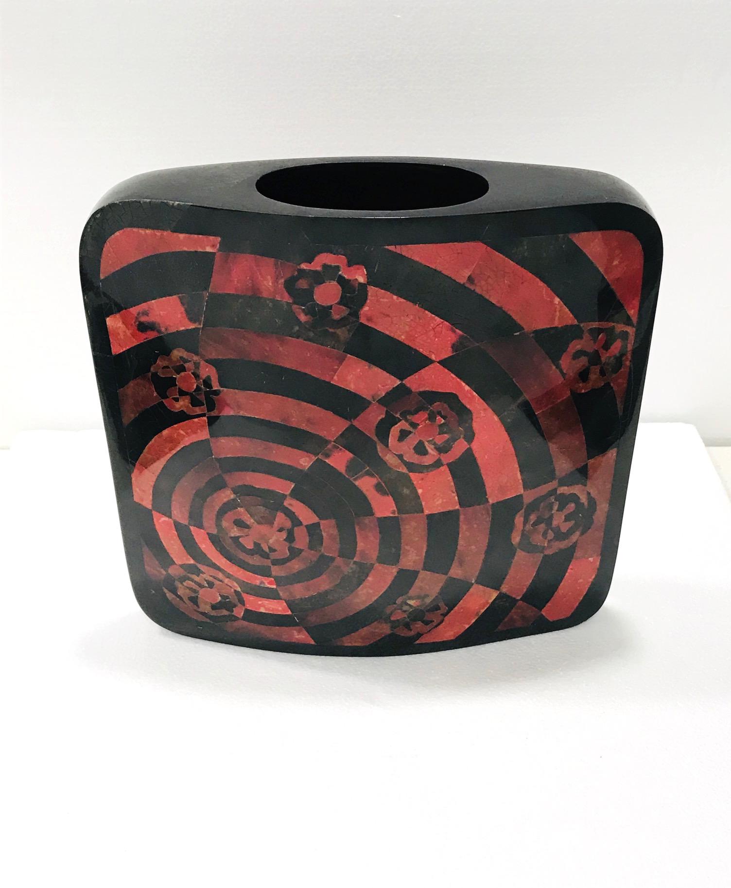 Organic modern square vase with rounded edges. Handmade with inlays of exotic pen shell over a palmwood frame with molded fiberglass interior. The vase features mosaic inlays on both sides with geometric and floral patterns, lacquered and hand-dyed