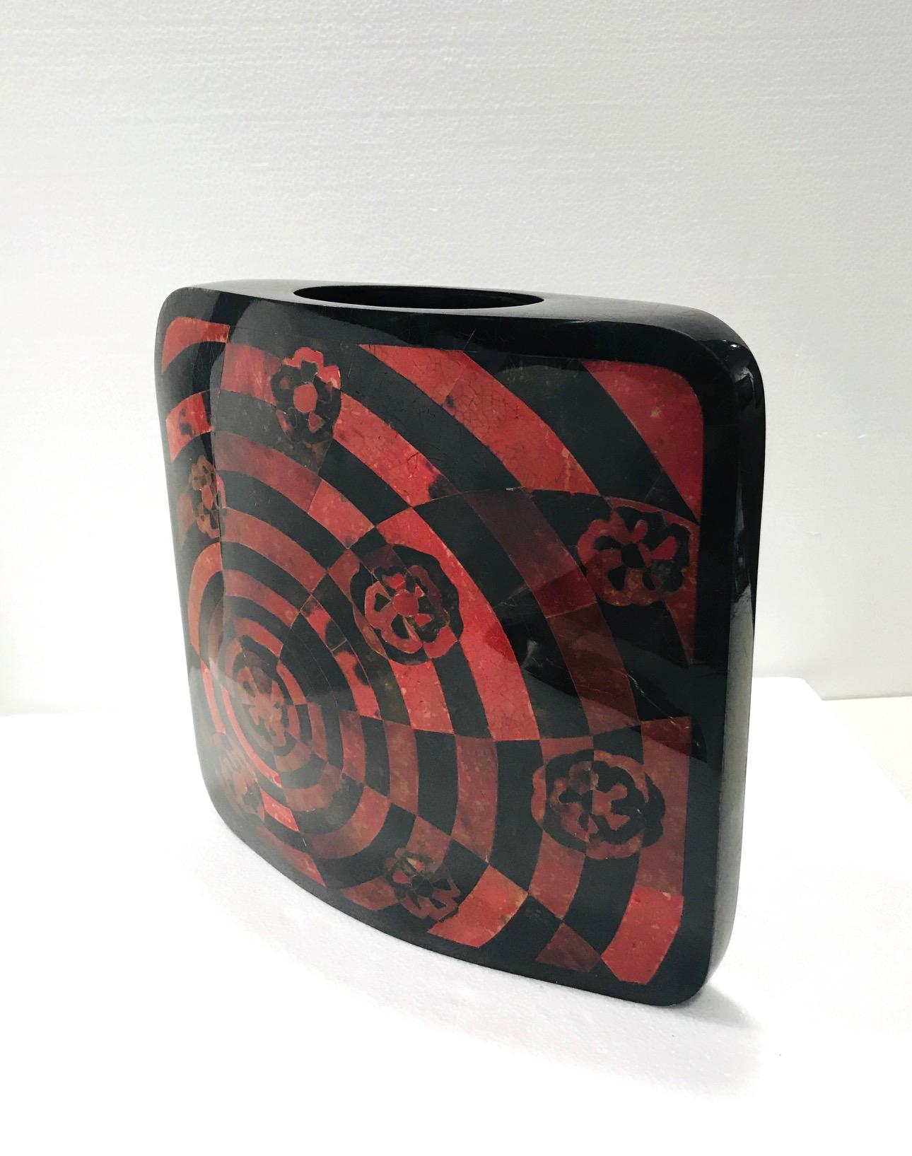 Inlay Vintage R&Y Augousti Decorative Vase in Mosaic Red & Black Pen-Shell, circa 2000