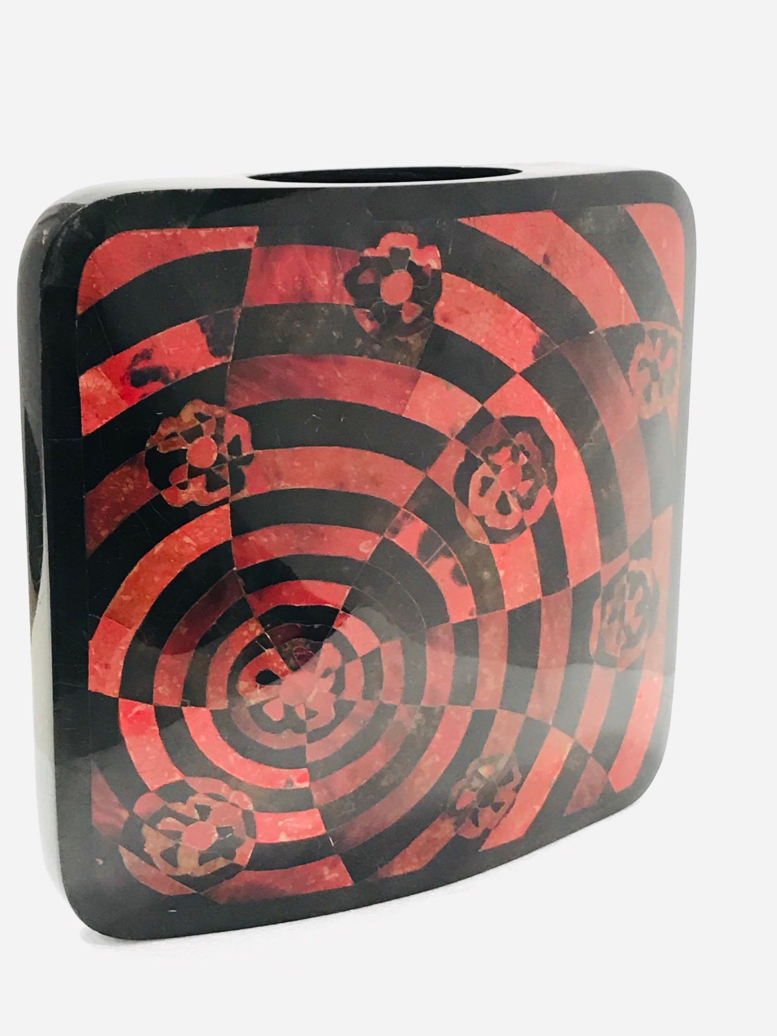 Vintage R&Y Augousti Decorative Vase in Mosaic Red & Black Pen-Shell, circa 2000 2