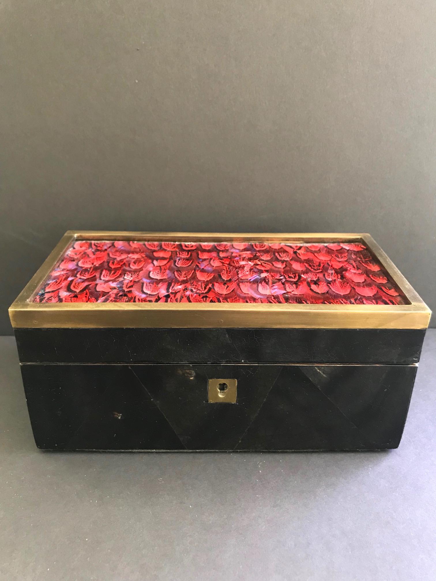 Vintage R&Y Augousti Jewelry Box in Mosaic Pen Shell and Exotic Red Feathers 2