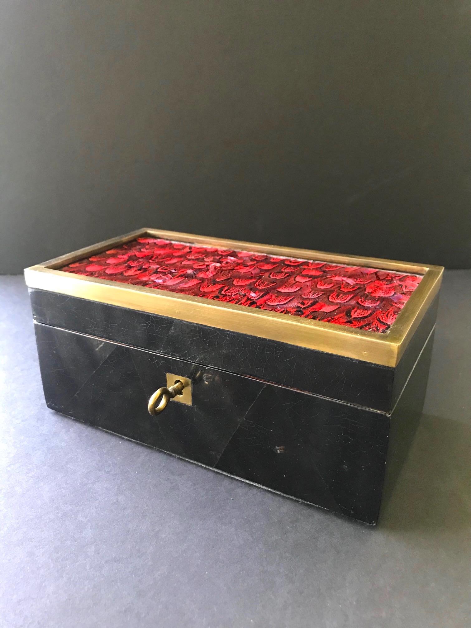Organic Modern Vintage R&Y Augousti Jewelry Box in Mosaic Pen Shell and Exotic Red Feathers