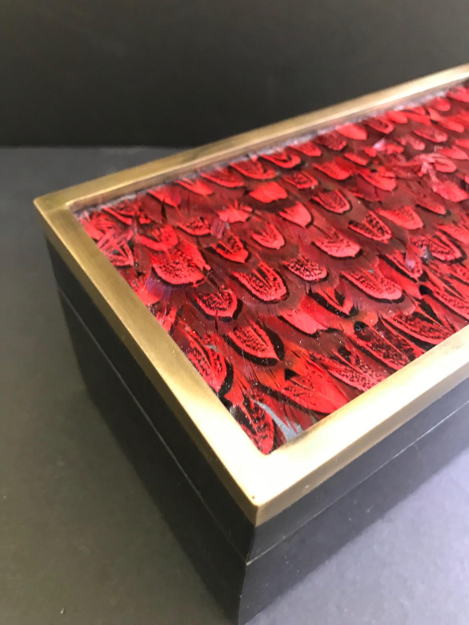 Lacquered Vintage R&Y Augousti Jewelry Box in Mosaic Pen Shell and Exotic Red Feathers