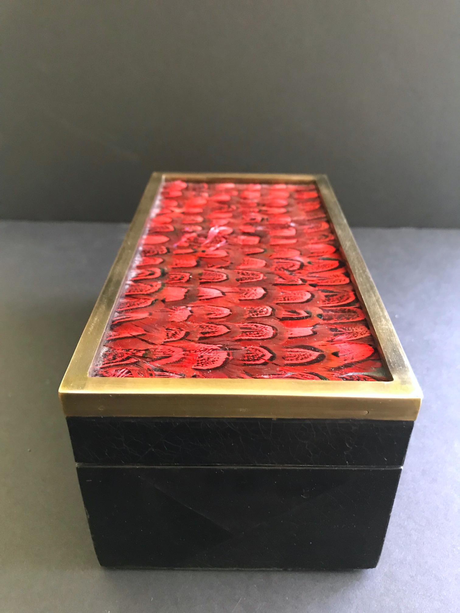 Brass Vintage R&Y Augousti Jewelry Box in Mosaic Pen Shell and Exotic Red Feathers