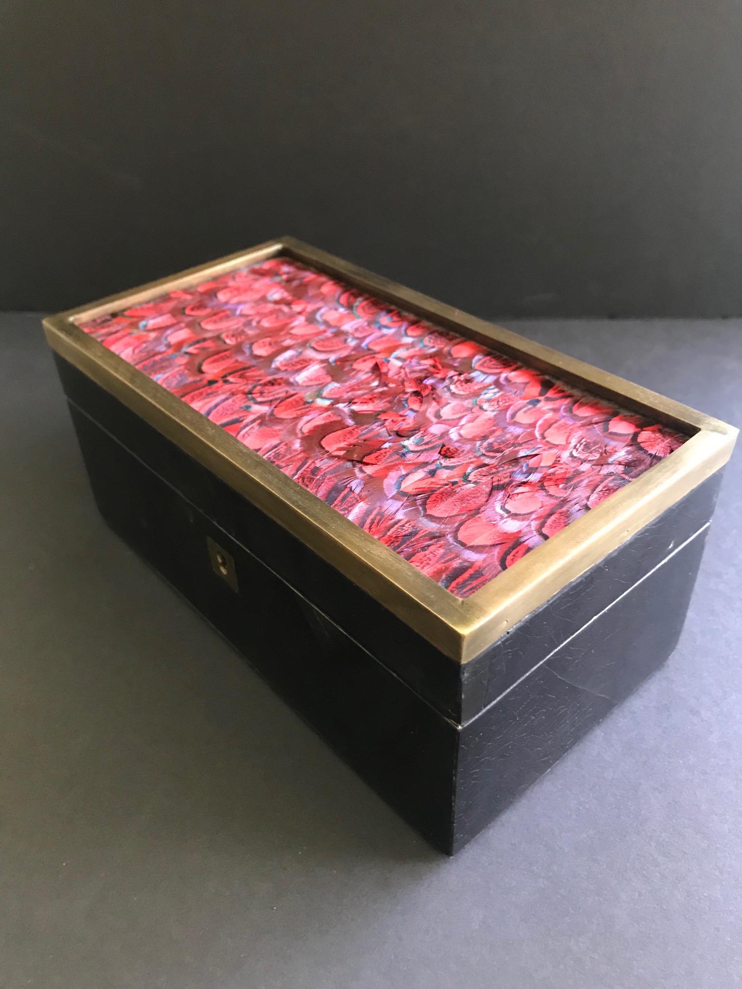 Vintage R&Y Augousti Jewelry Box in Mosaic Pen Shell and Exotic Red Feathers 1