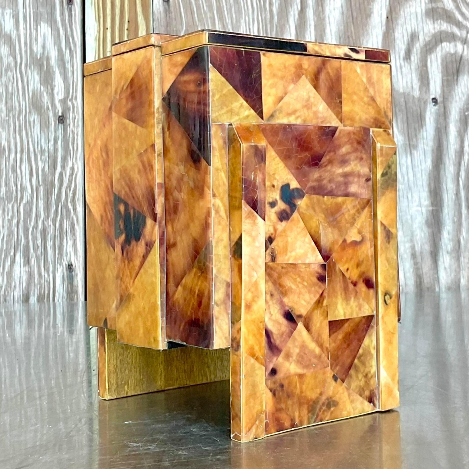 Wood Vintage R&Y Augousti Paris Boho Tessellated Faux Horn Tissue Box For Sale