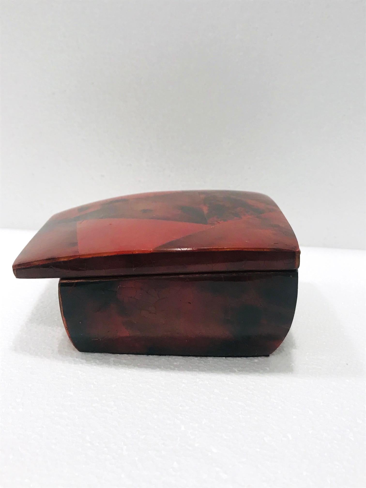 Hand-Crafted Vintage R&Y Augousti Trinket Box in Mosaic Red and Black Pen-Shell, circa 2000