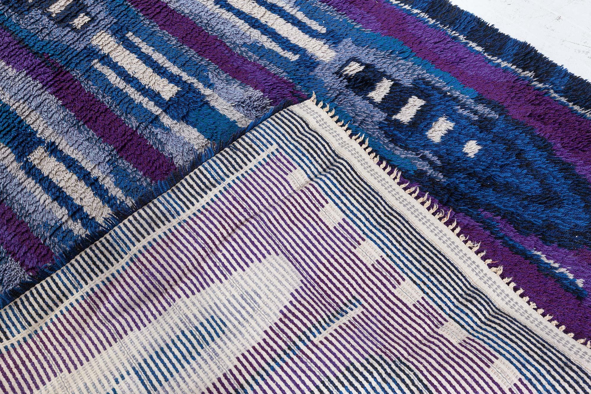 Vintage Rya Blue and Purple Handmade Wool Rug For Sale 3